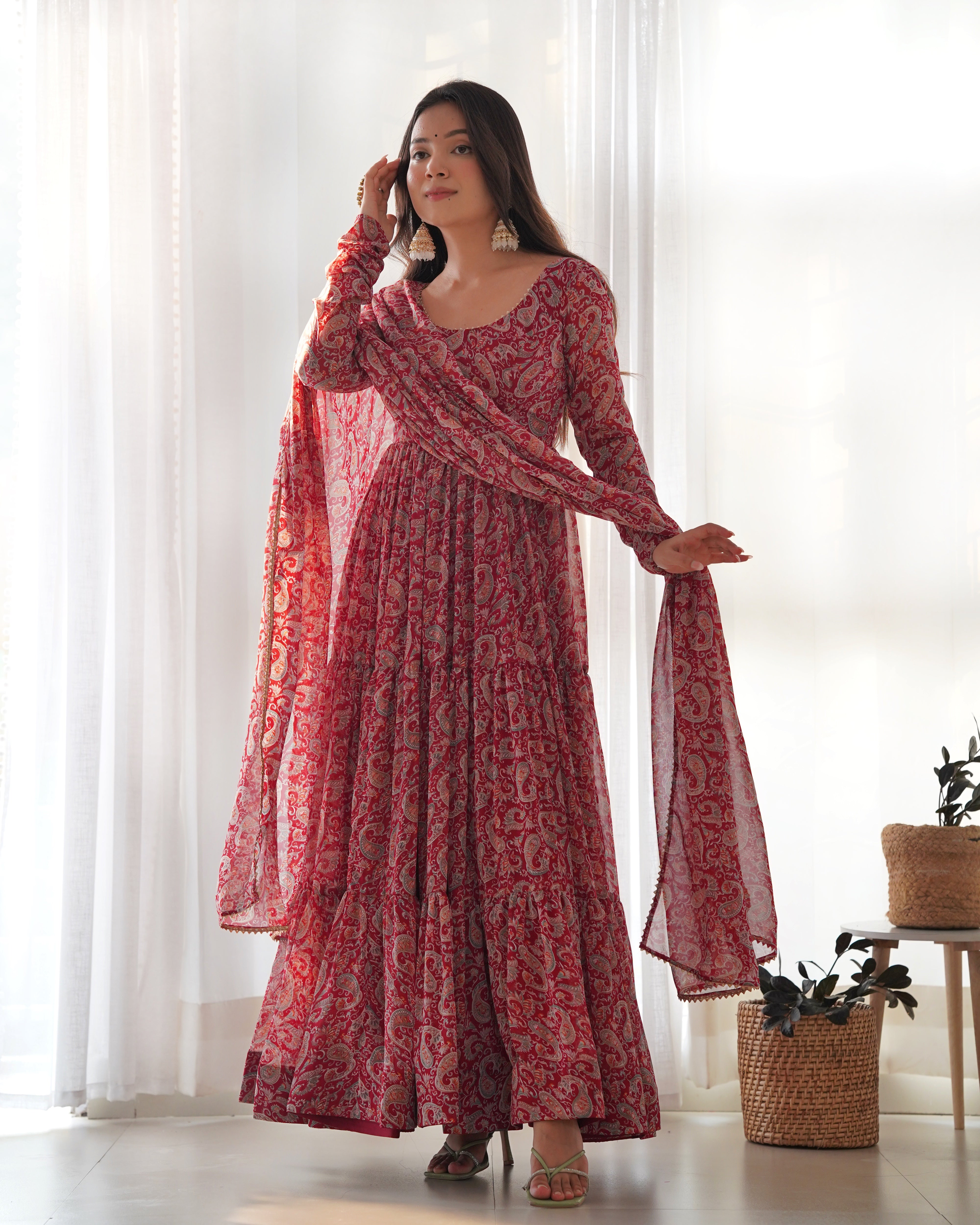 Winsome Faux Georgette Kalamkari Printed Anarkali Pant Suit