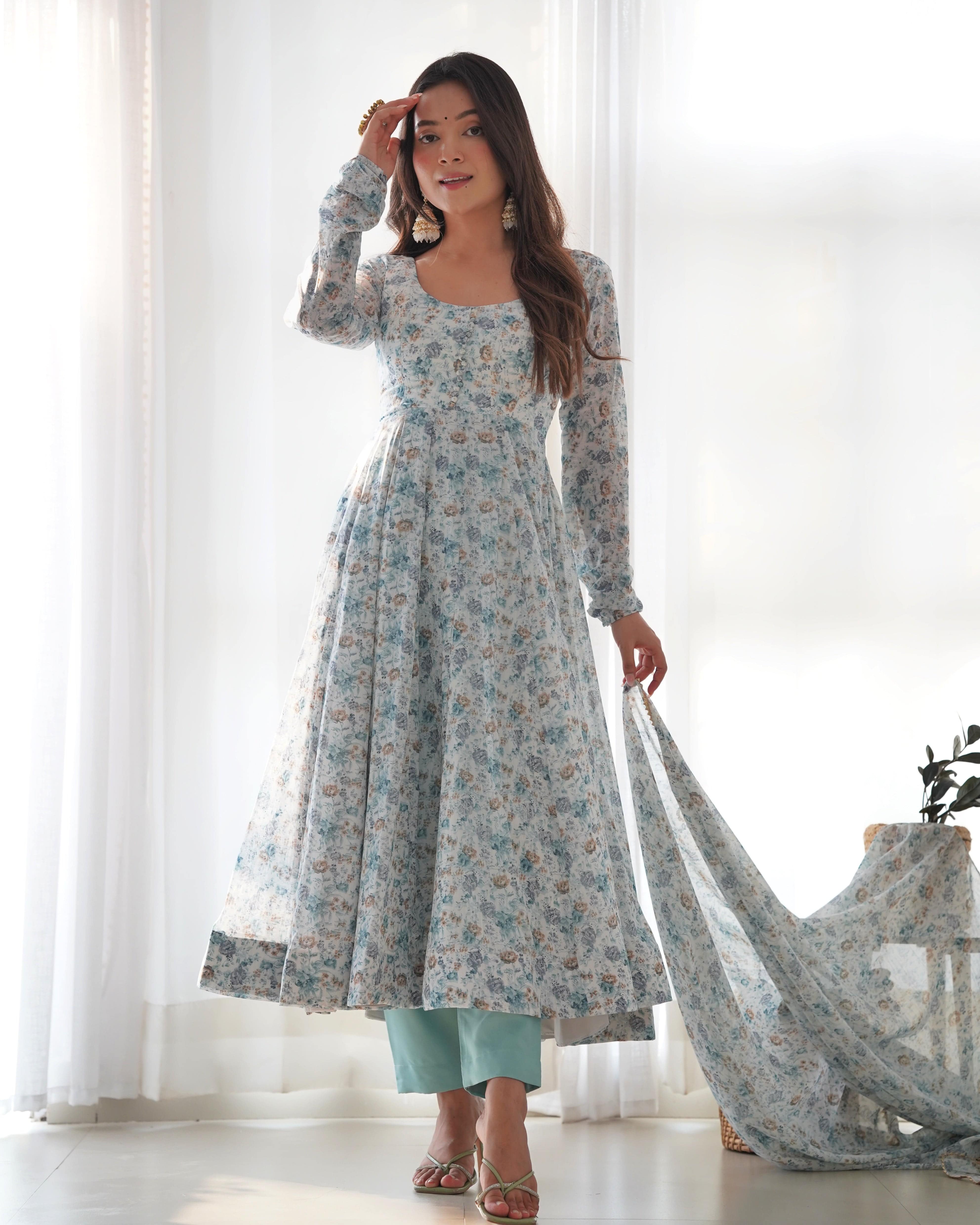 Exquisite Chiffon Floral Digital Printed Fully Stitched Anarkali Pant Suit