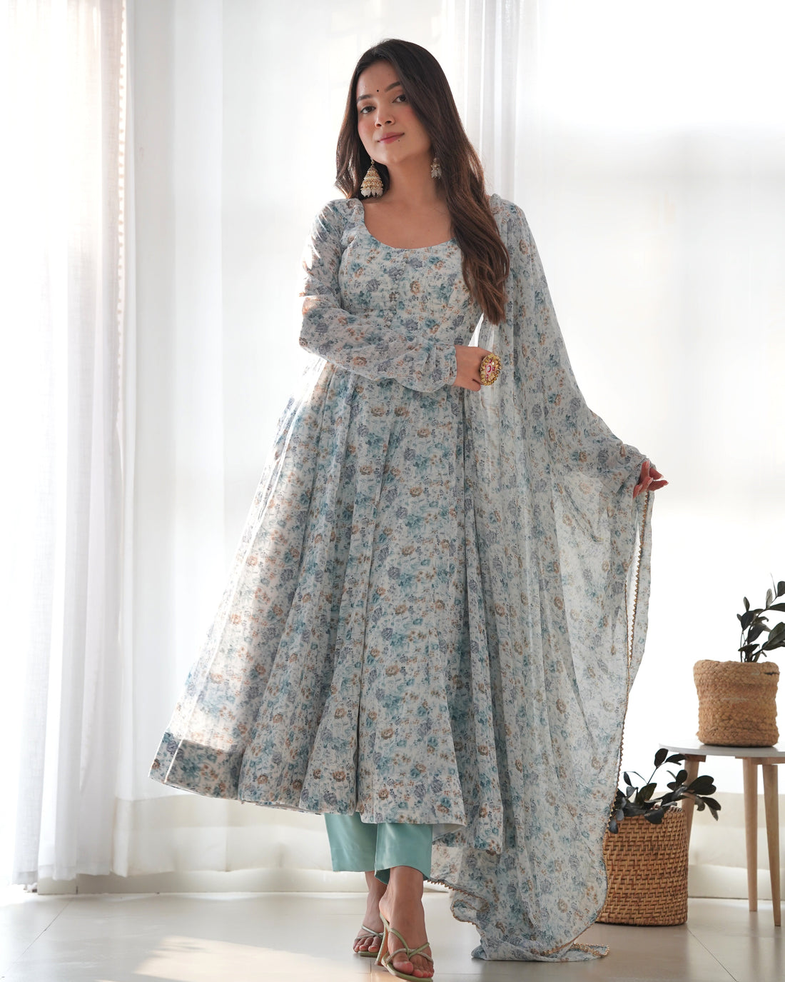 Dusty Blue Organza Anarkali Suit Set