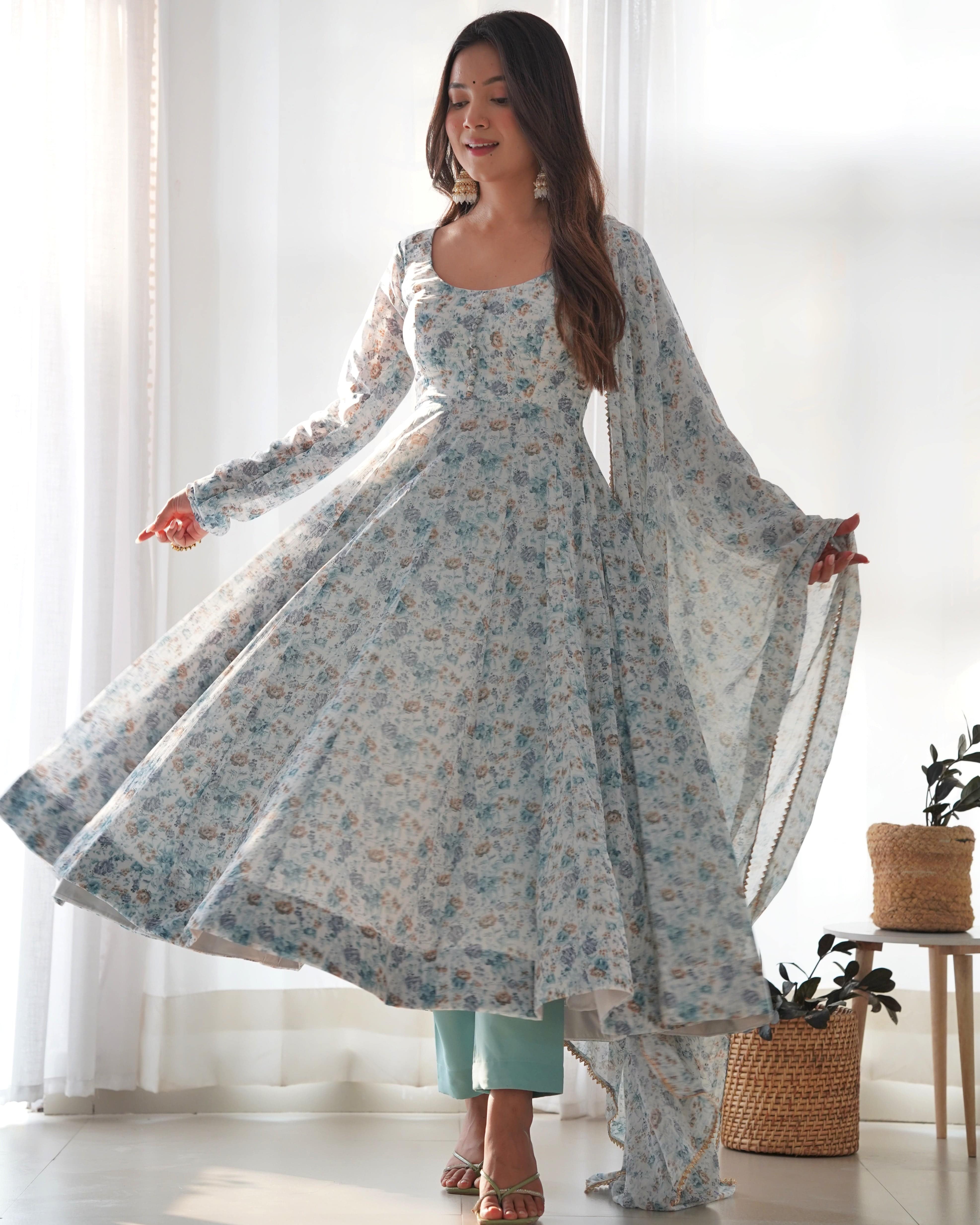 Exquisite Chiffon Floral Digital Printed Fully Stitched Anarkali Pant Suit