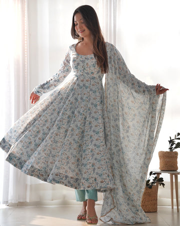 Dusty Blue Organza Anarkali Suit Set