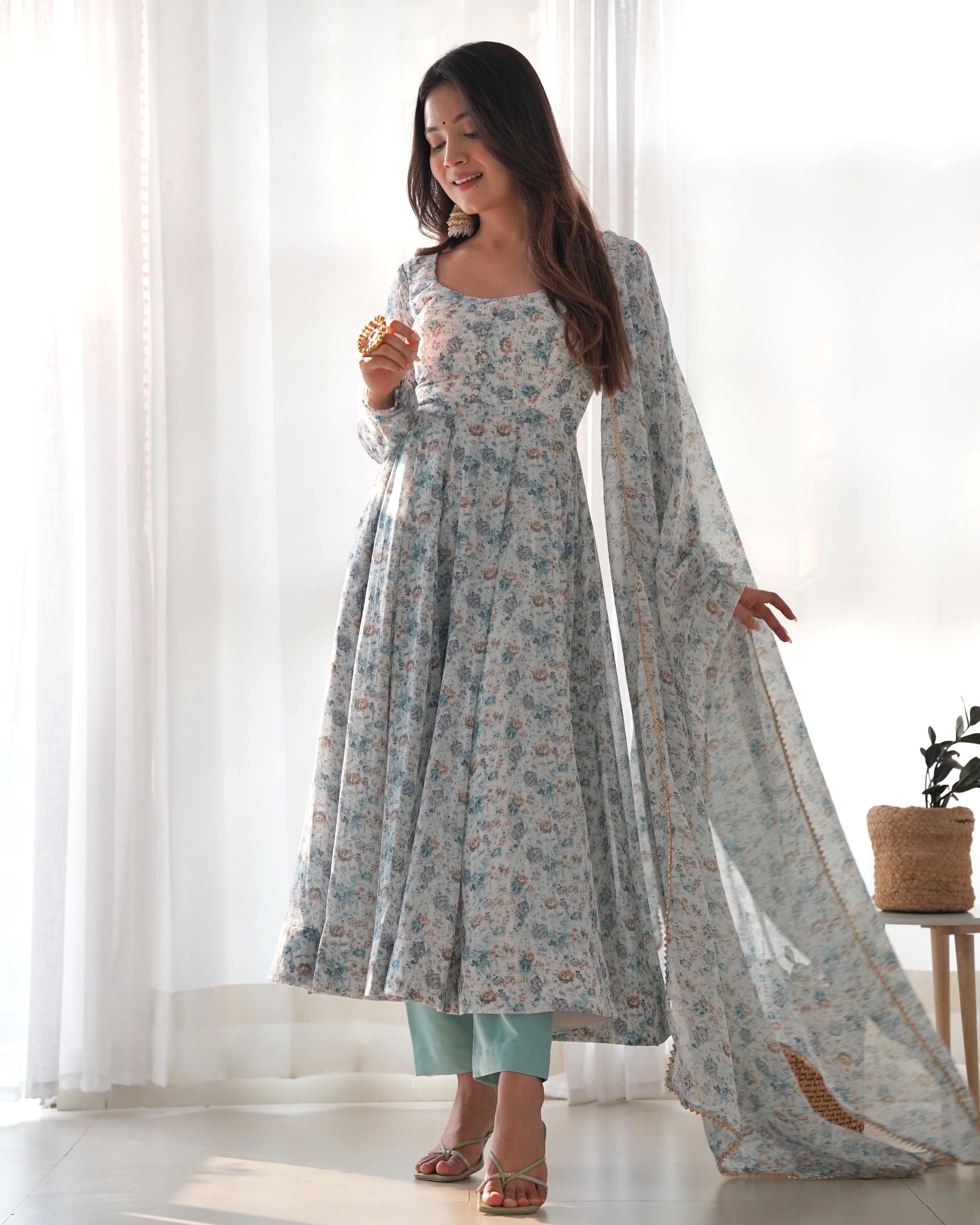 Exquisite Chiffon Floral Digital Printed Fully Stitched Anarkali Pant Suit
