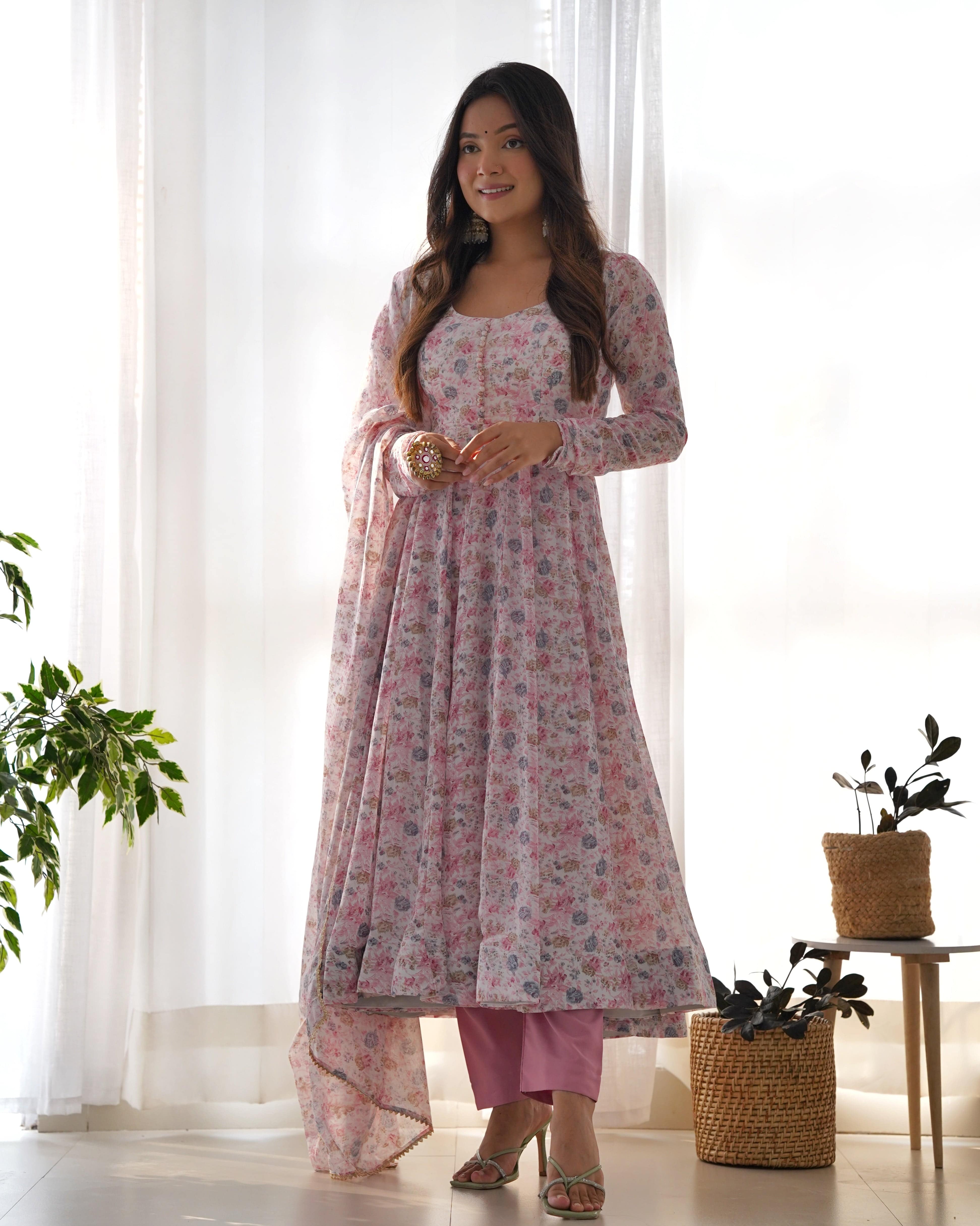 Exquisite Chiffon Floral Digital Printed Fully Stitched Anarkali Pant Suit