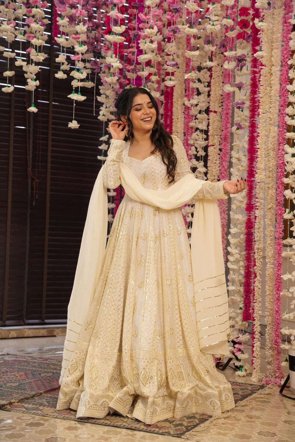 White Heavy Embroidered Georgette Anarkali Gown with Dupatta
