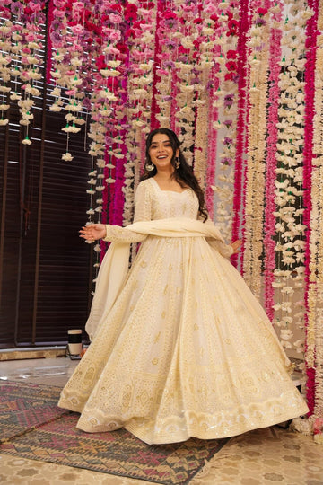 White Heavy Embroidered Georgette Anarkali Gown with Dupatta