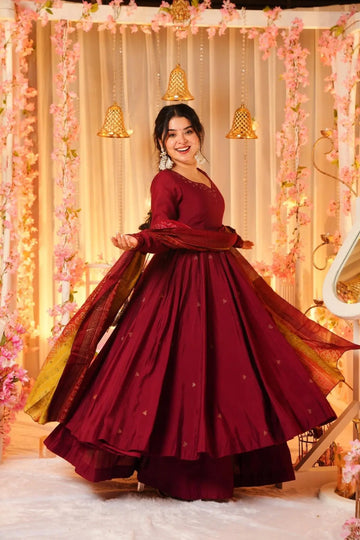 Maroon Rayon Cotton Anarkali Palazzo Suit Set