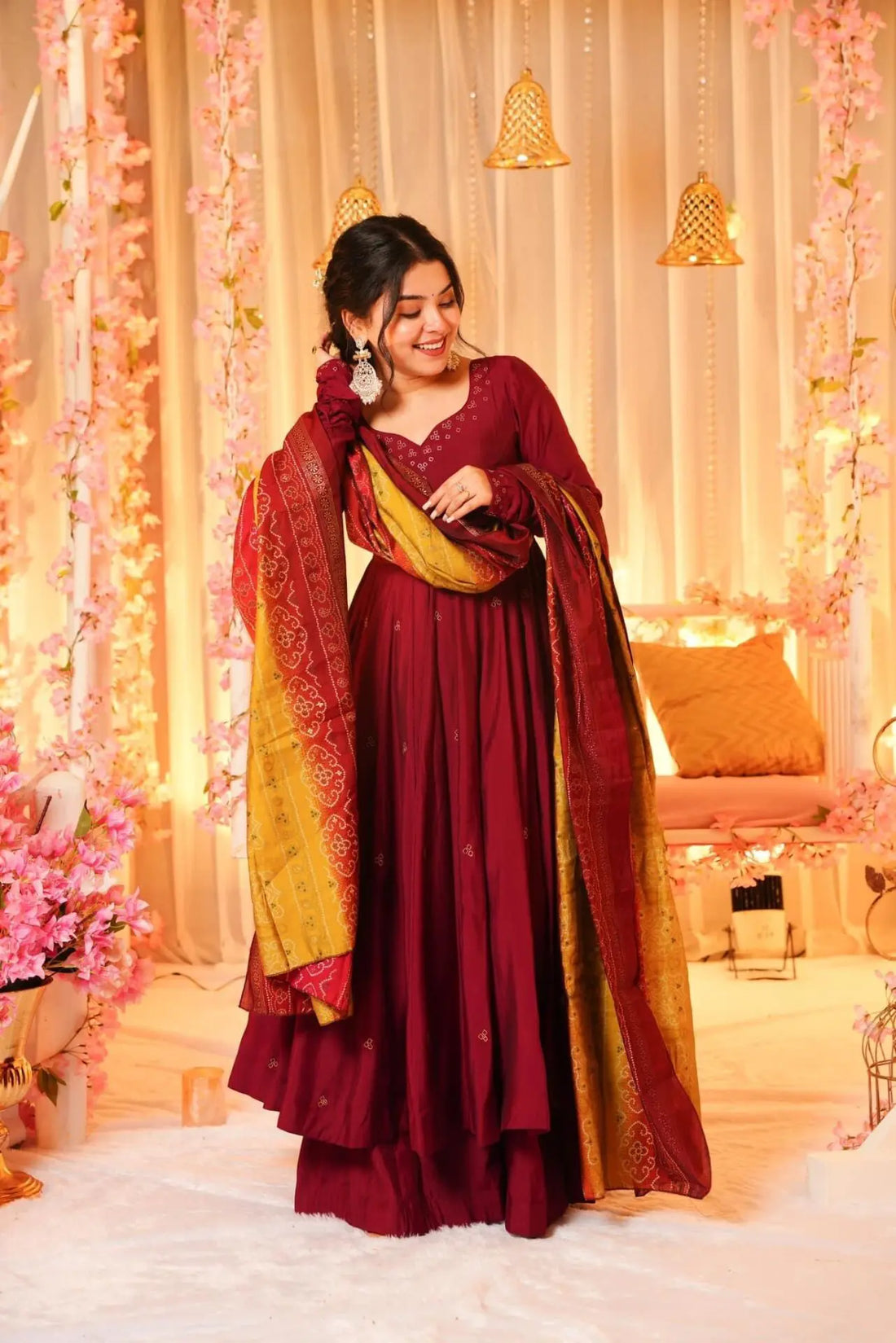 Maroon Rayon Cotton Anarkali Palazzo Suit Set
