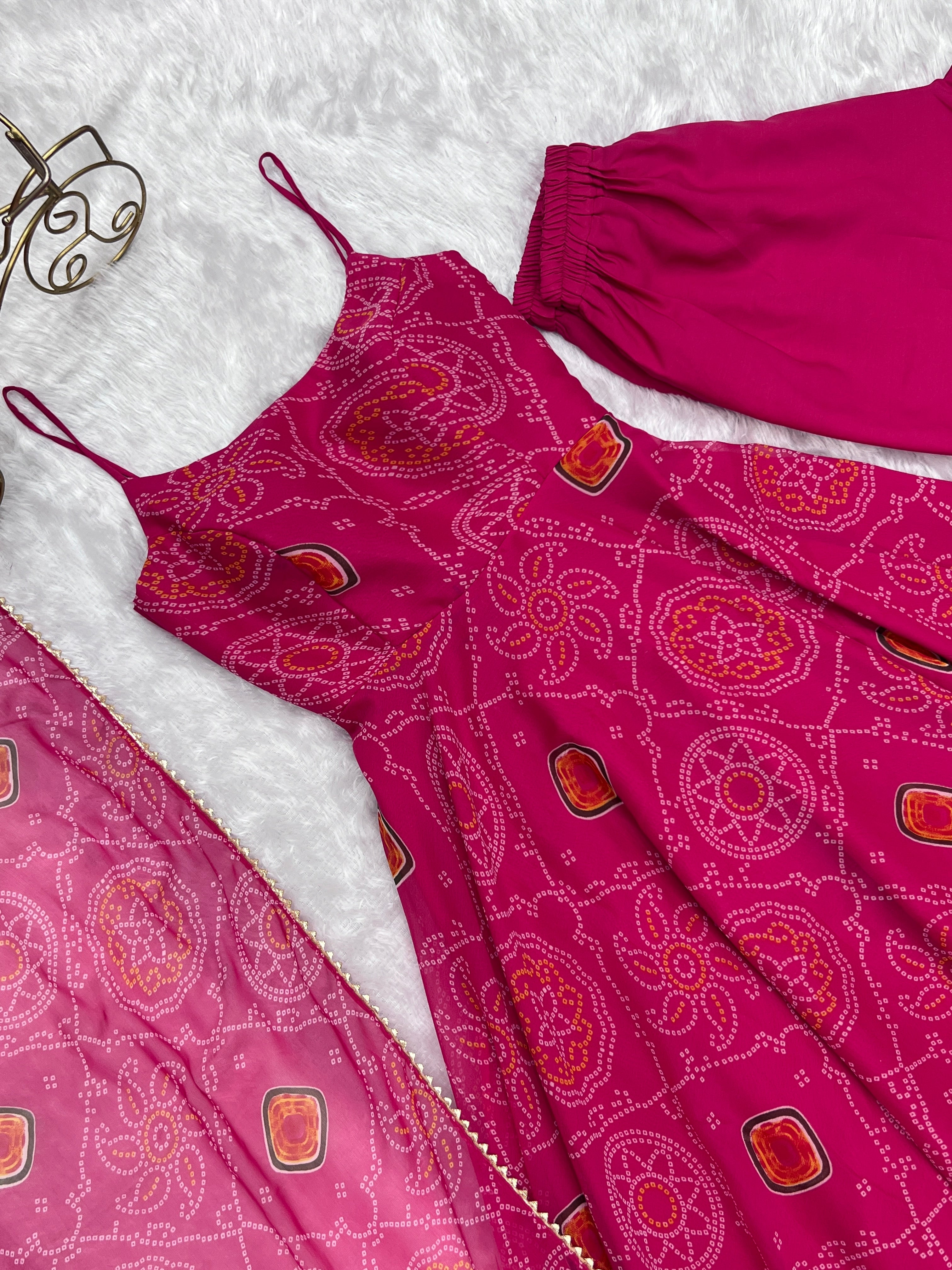 Spectacular Pink Chiffon Bandhej Printed Stitched Anarkali Pant Suit