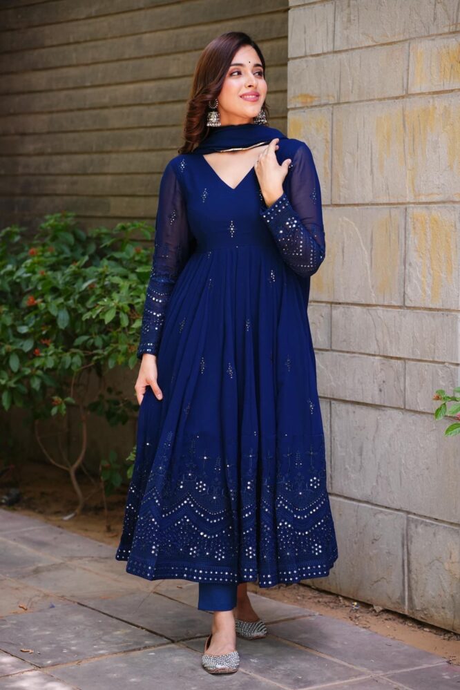 Navy Blue Embroidered Georgette Anarkali Suit Set