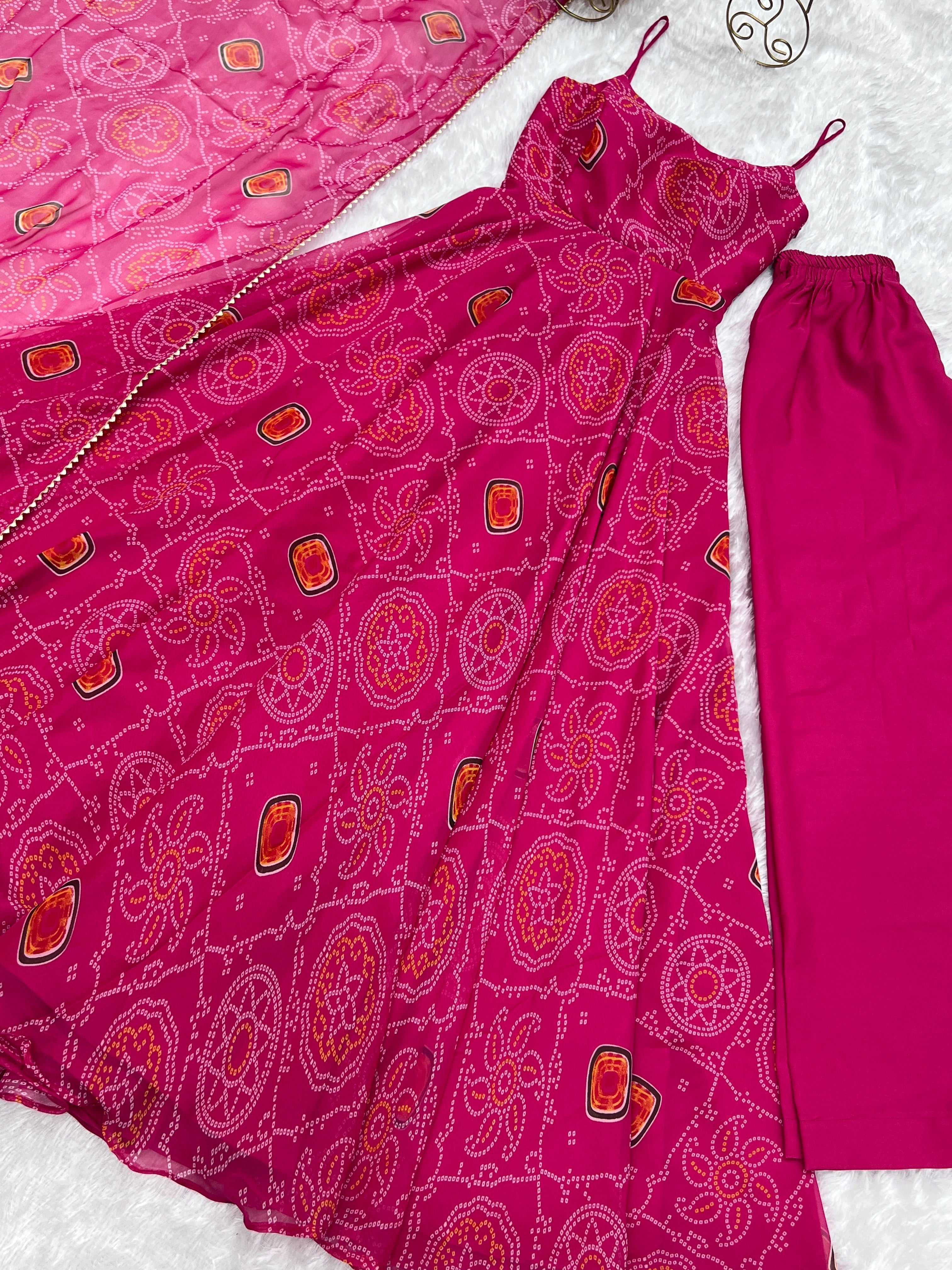 Spectacular Pink Chiffon Bandhej Printed Stitched Anarkali Pant Suit