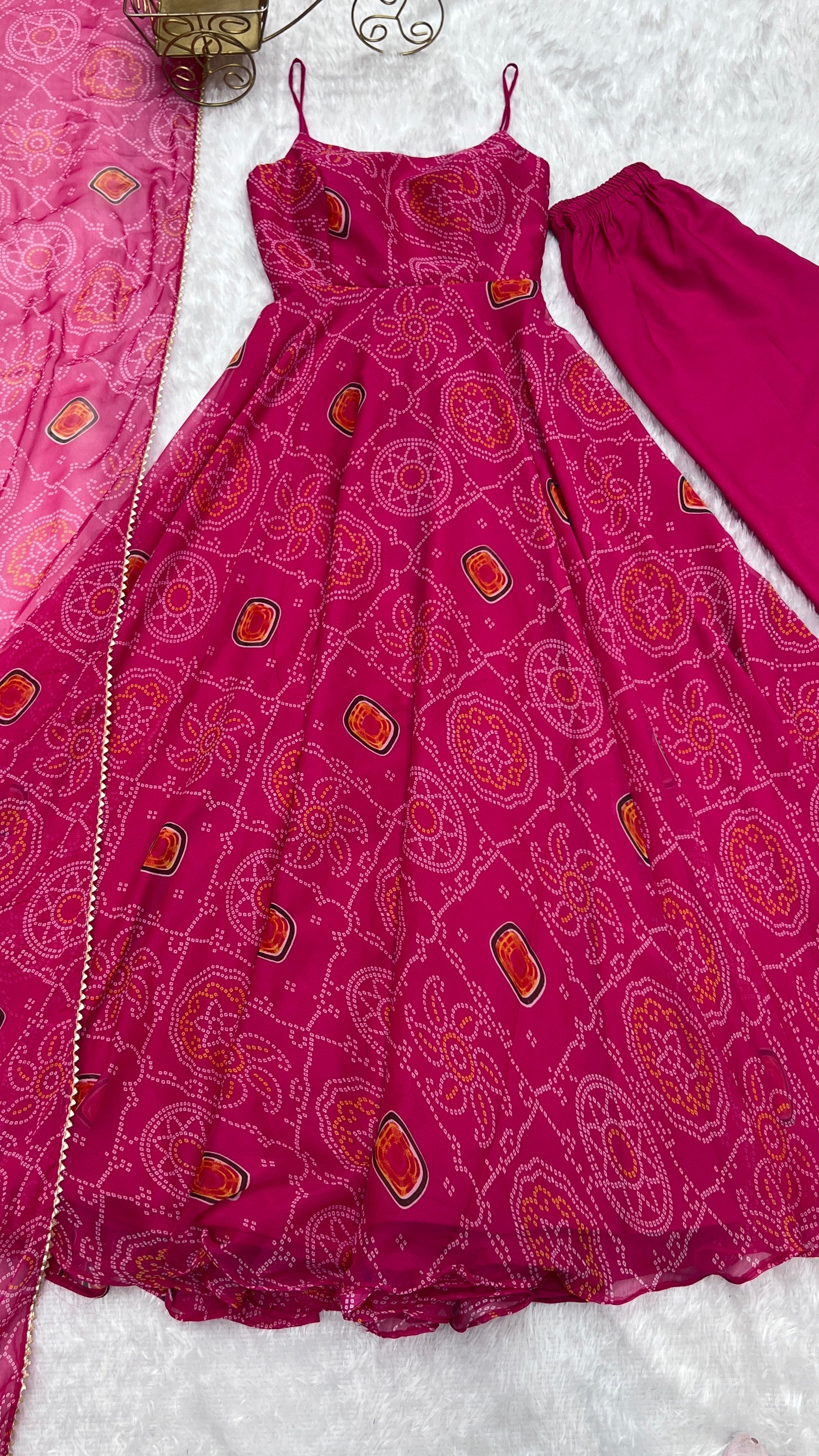 Spectacular Pink Chiffon Bandhej Printed Stitched Anarkali Pant Suit
