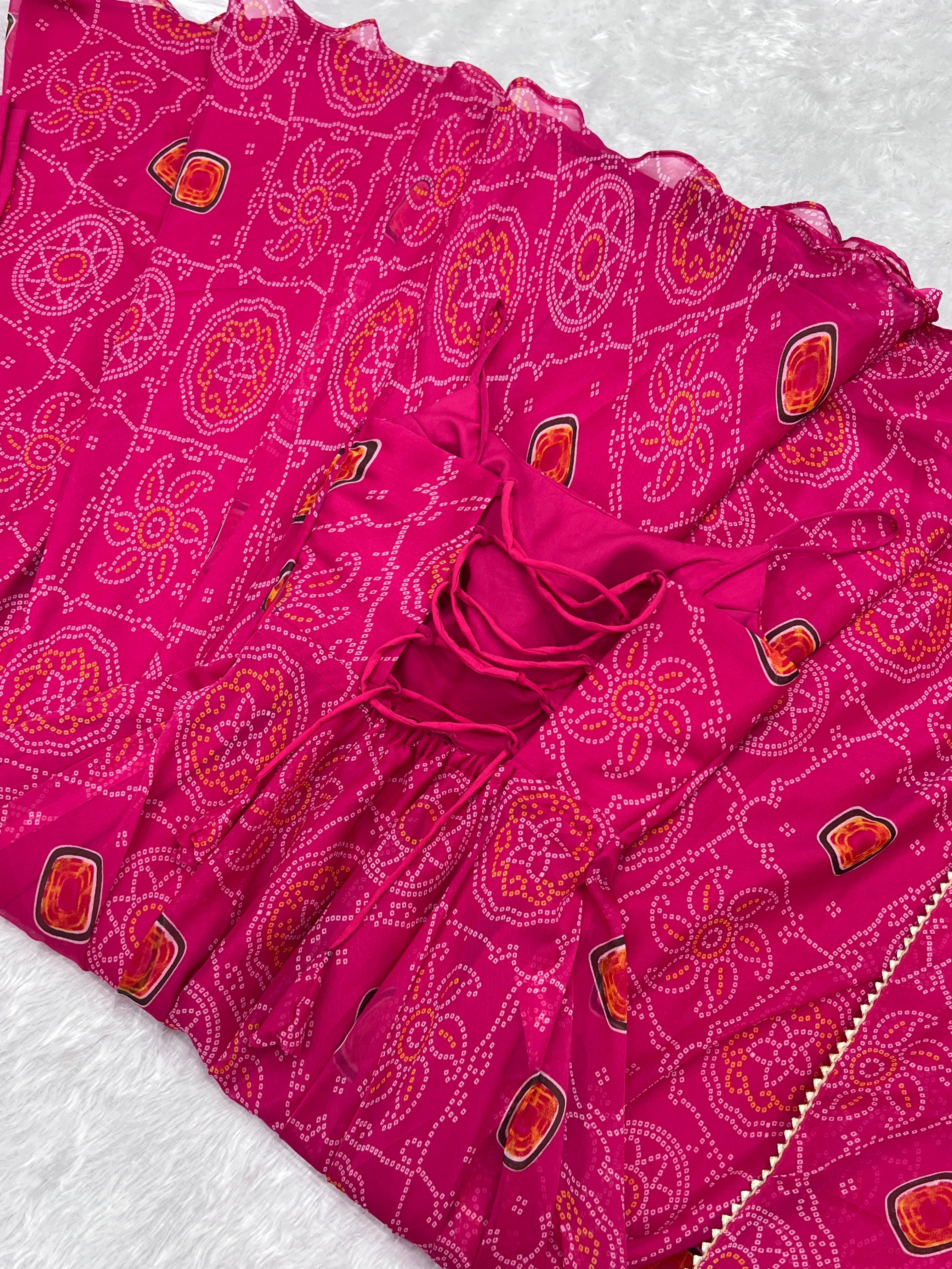 Spectacular Pink Chiffon Bandhej Printed Stitched Anarkali Pant Suit