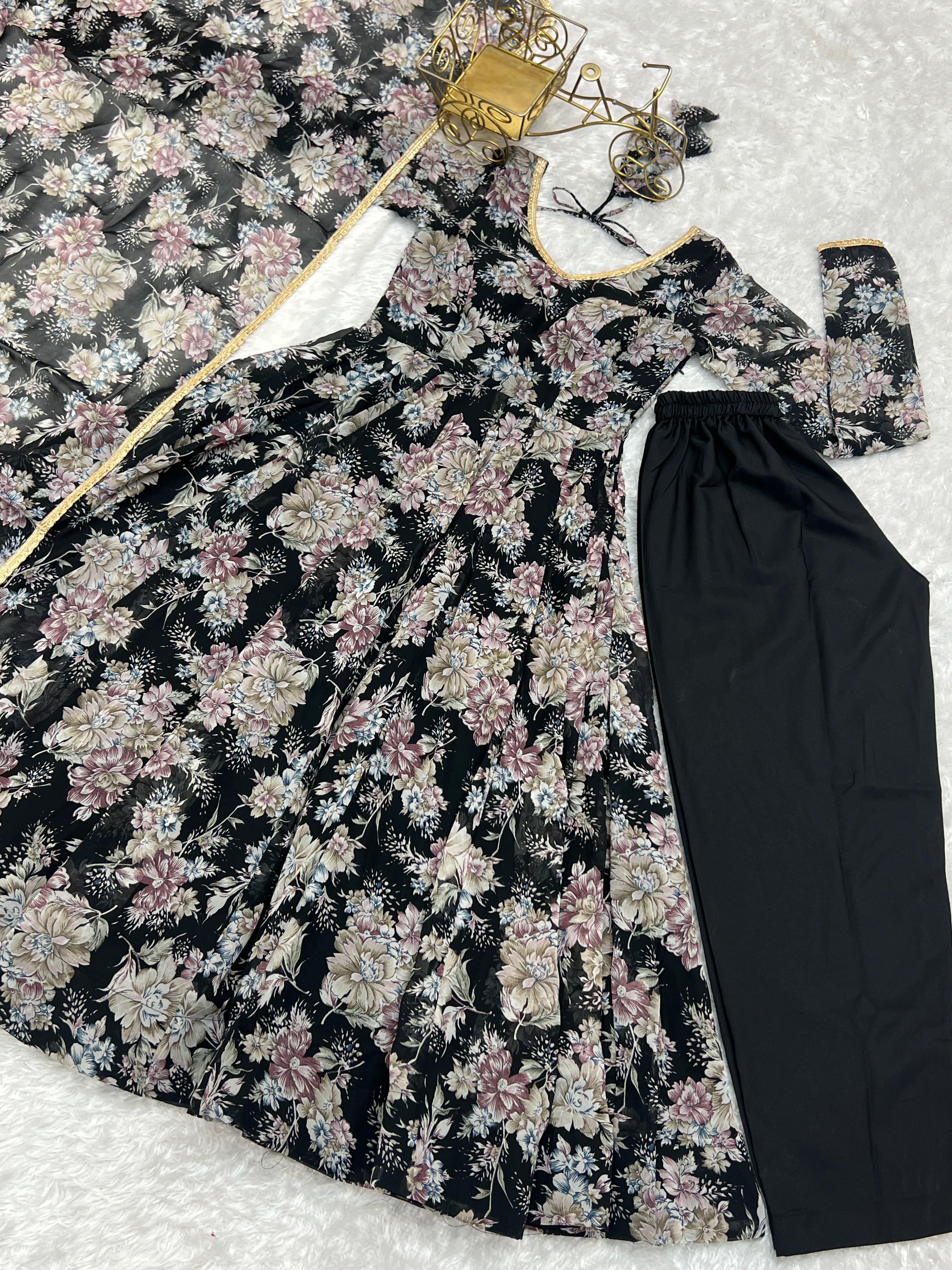Captivating Black Floral Printed Fully Stitched Designer Anarkali Pant Suit