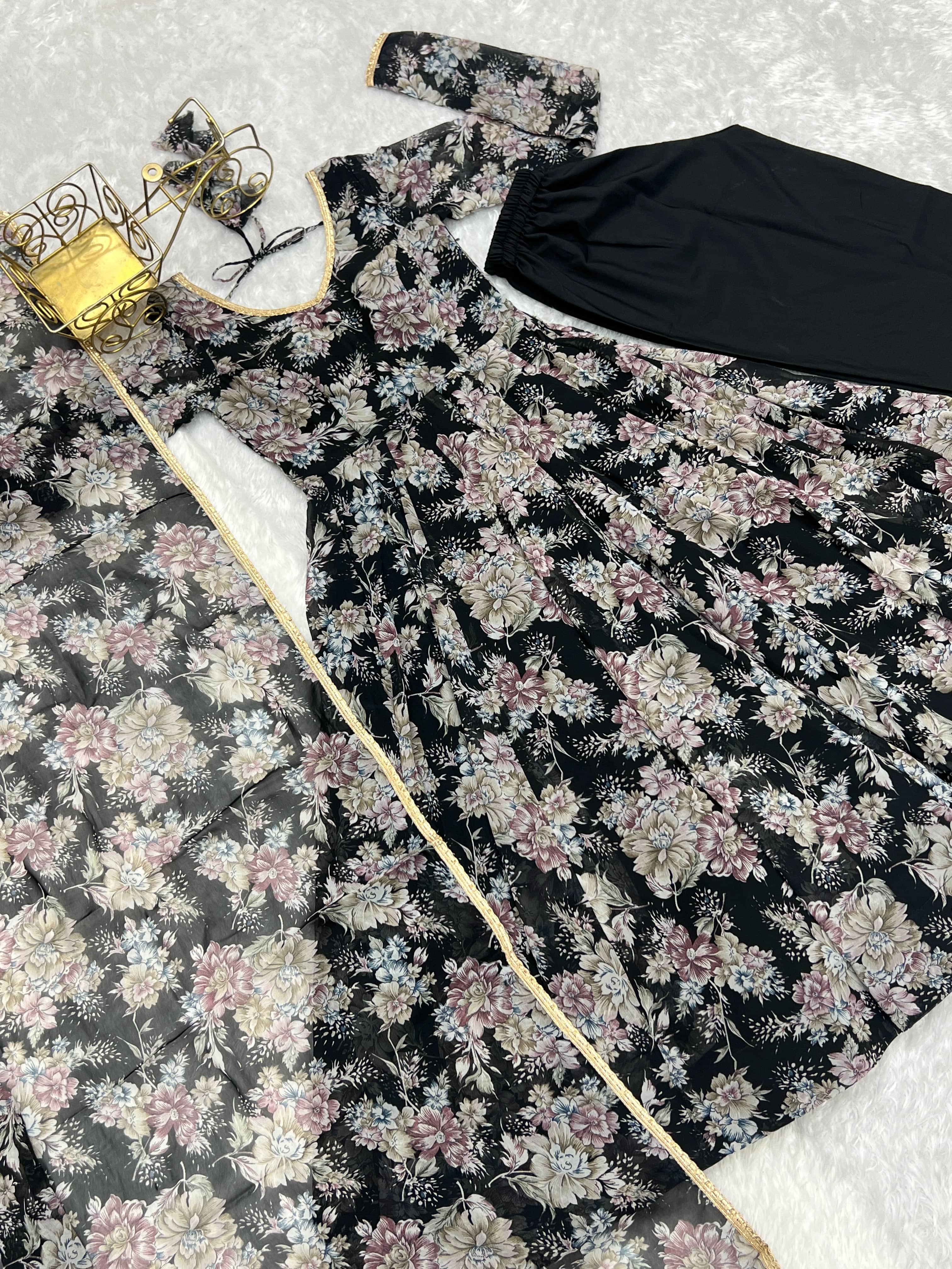 Captivating Black Floral Printed Fully Stitched Designer Anarkali Pant Suit