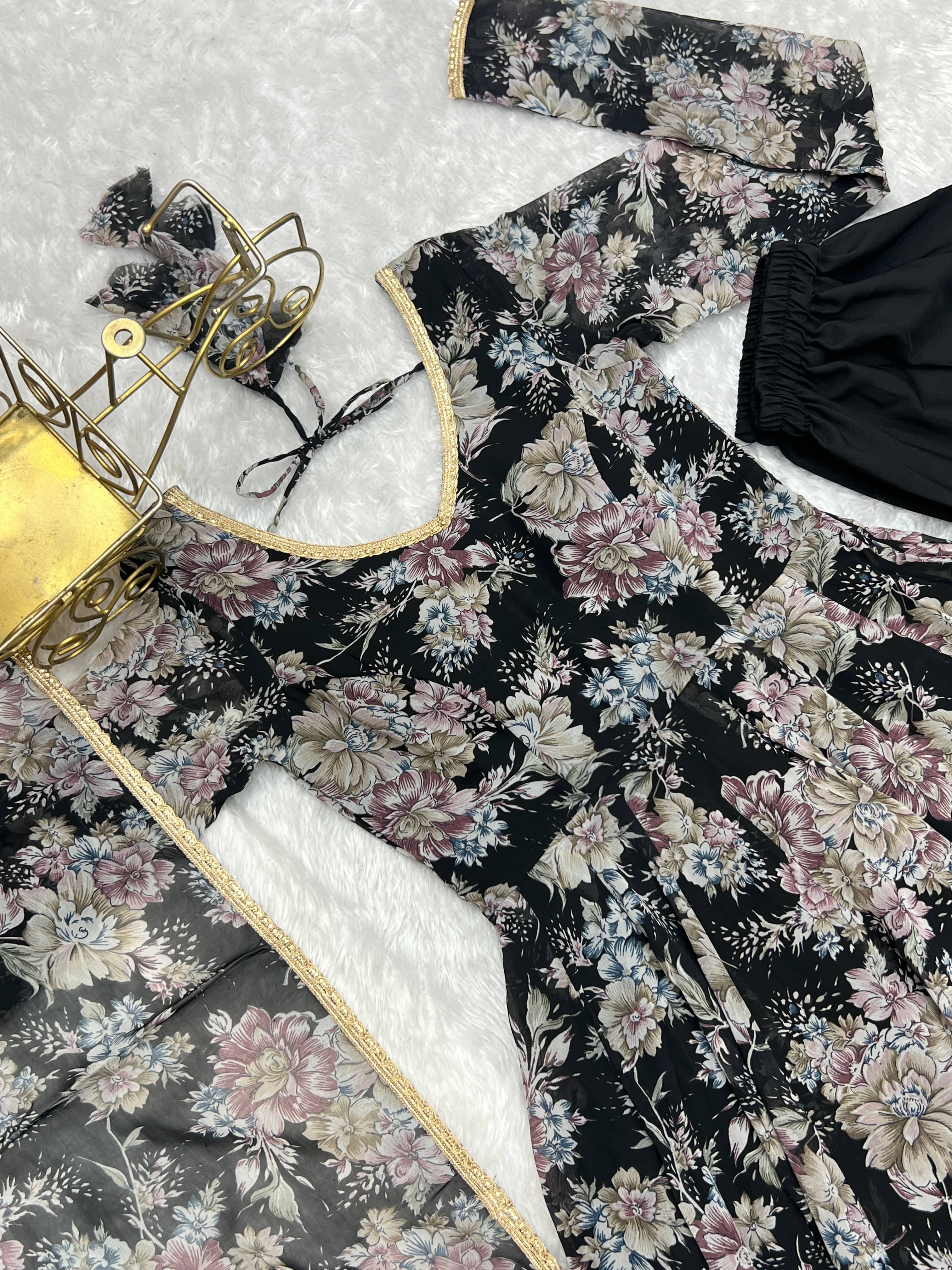 Captivating Black Floral Printed Fully Stitched Designer Anarkali Pant Suit