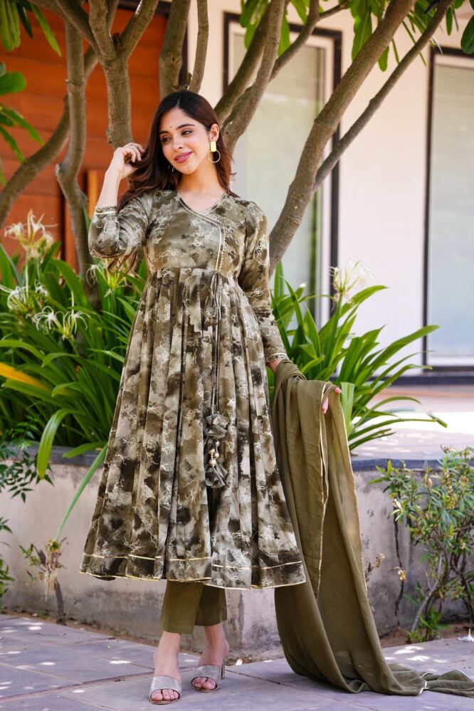 Grey & Mehendi Green Rayon Anarkali Suit Set