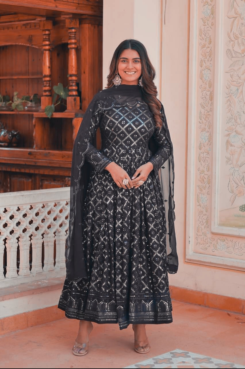 Black Embroidered Georgette Anarkali Set