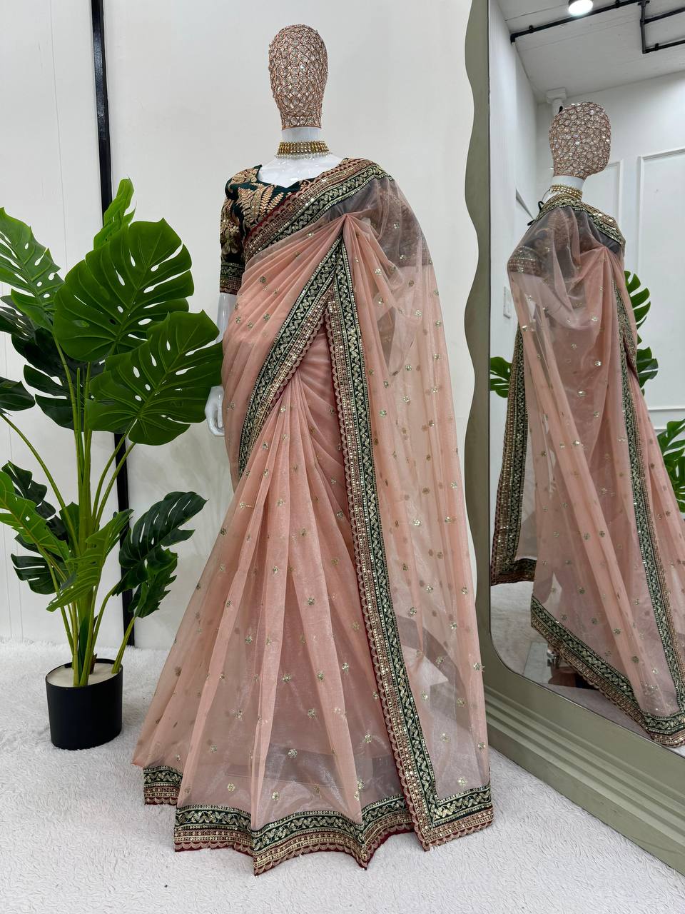 Beautiful Designer Saree on Twil Net Febric Thred & Sequnce work and Blouse on Mono Benglori Silk