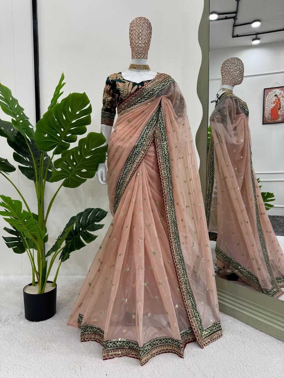 Beautiful Designer Saree on Twil Net Febric Thred & Sequnce work and Blouse on Mono Benglori Silk