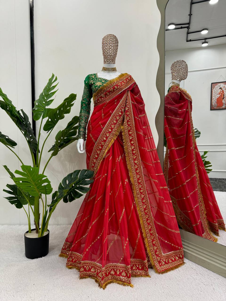 Beautiful Designer Saree on Organza Silk Febric with Thred Sequnce work and Blouse on also Organza Silk