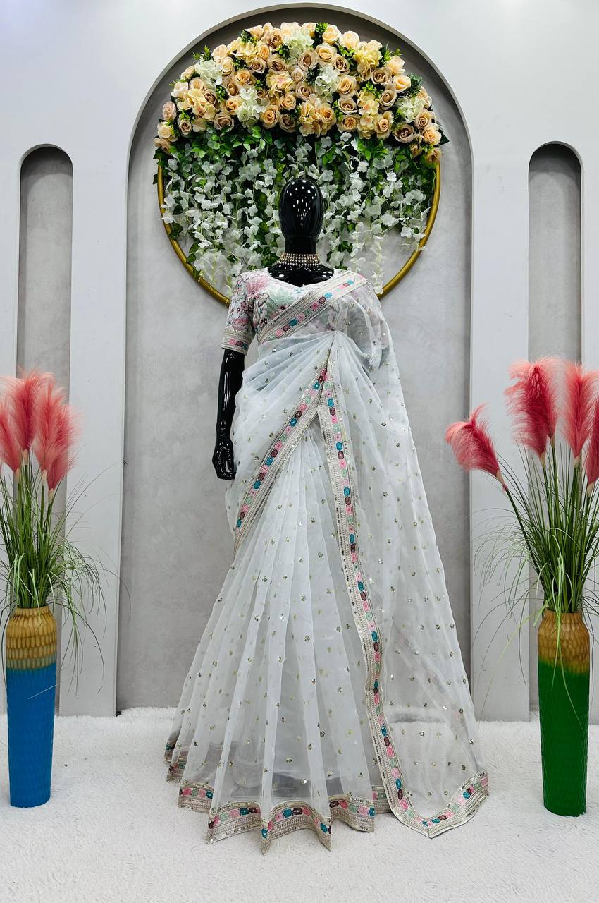 New Designer Saree on Havy Organza Silk Febric with Thred