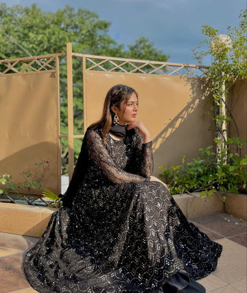 Black Sequin Embroidered Anarkali Sharara Suit Set