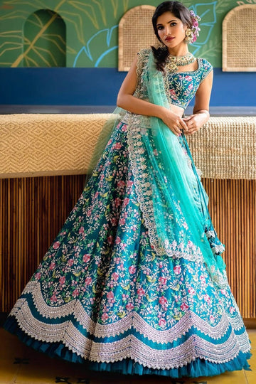Aqua Blue Embroidered Malay Satin Lehenga Choli Set