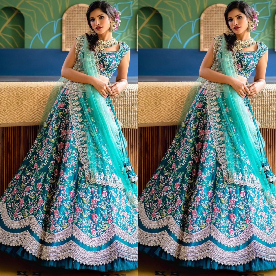 Aqua Blue Embroidered Malay Satin Lehenga Choli Set