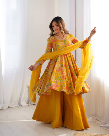 Yellow Roman Silk Chanderi Kurta Palazzo Set