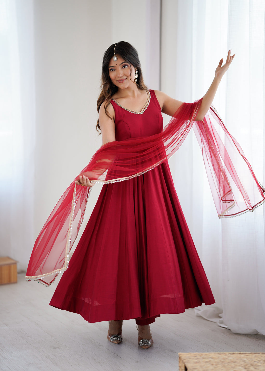 Red Roman Silk Chanderi Anarkali Suit Set