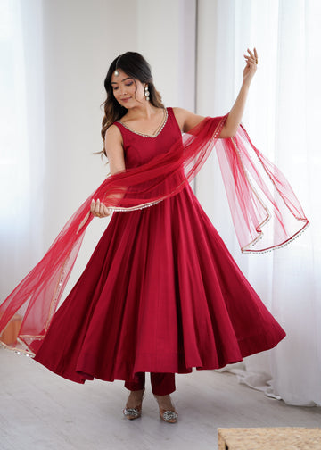 Red Roman Silk Chanderi Anarkali Suit Set