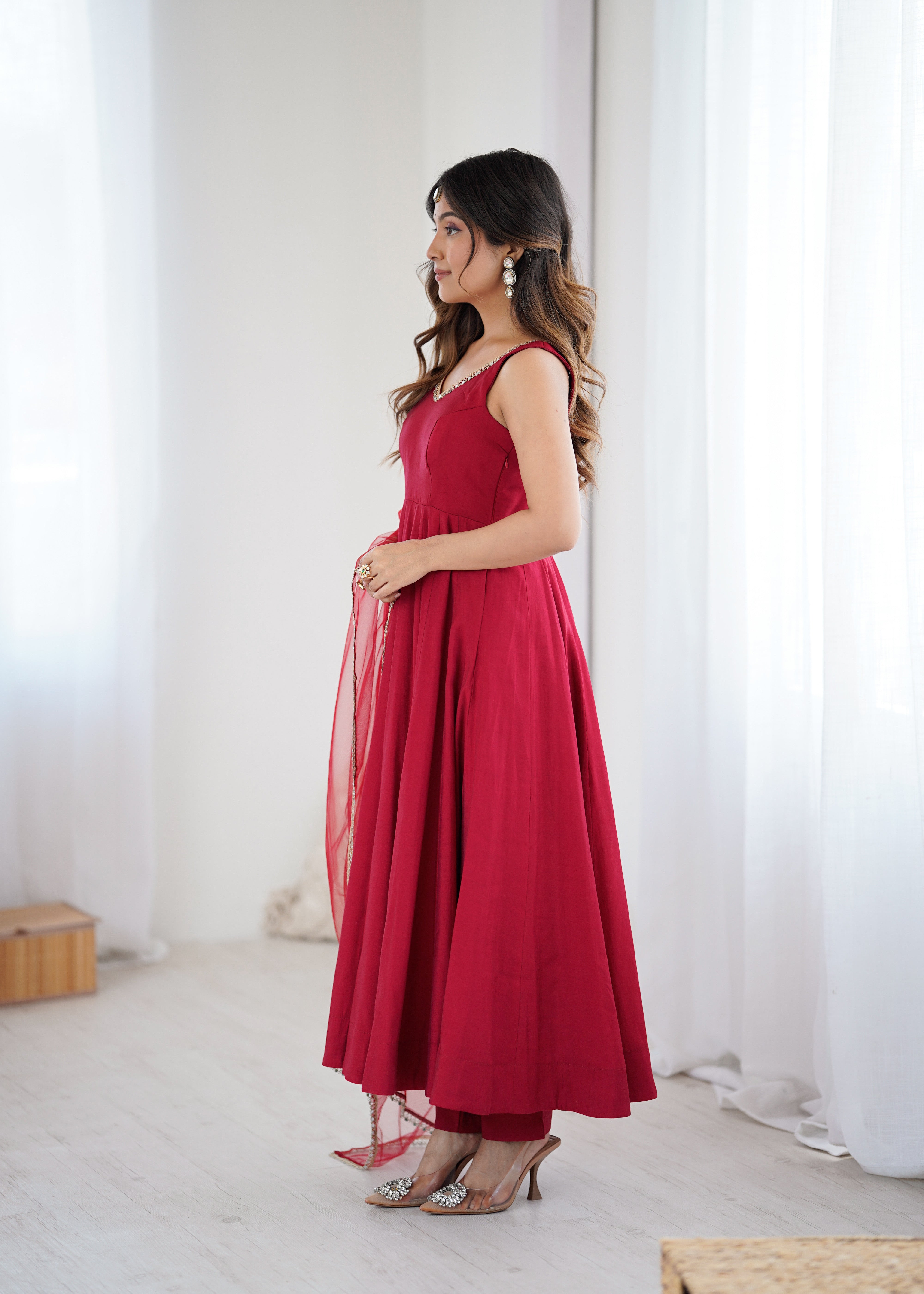 Kishika Maroon Color Anarkali Suit Set [Sleeves Fabric Attached]