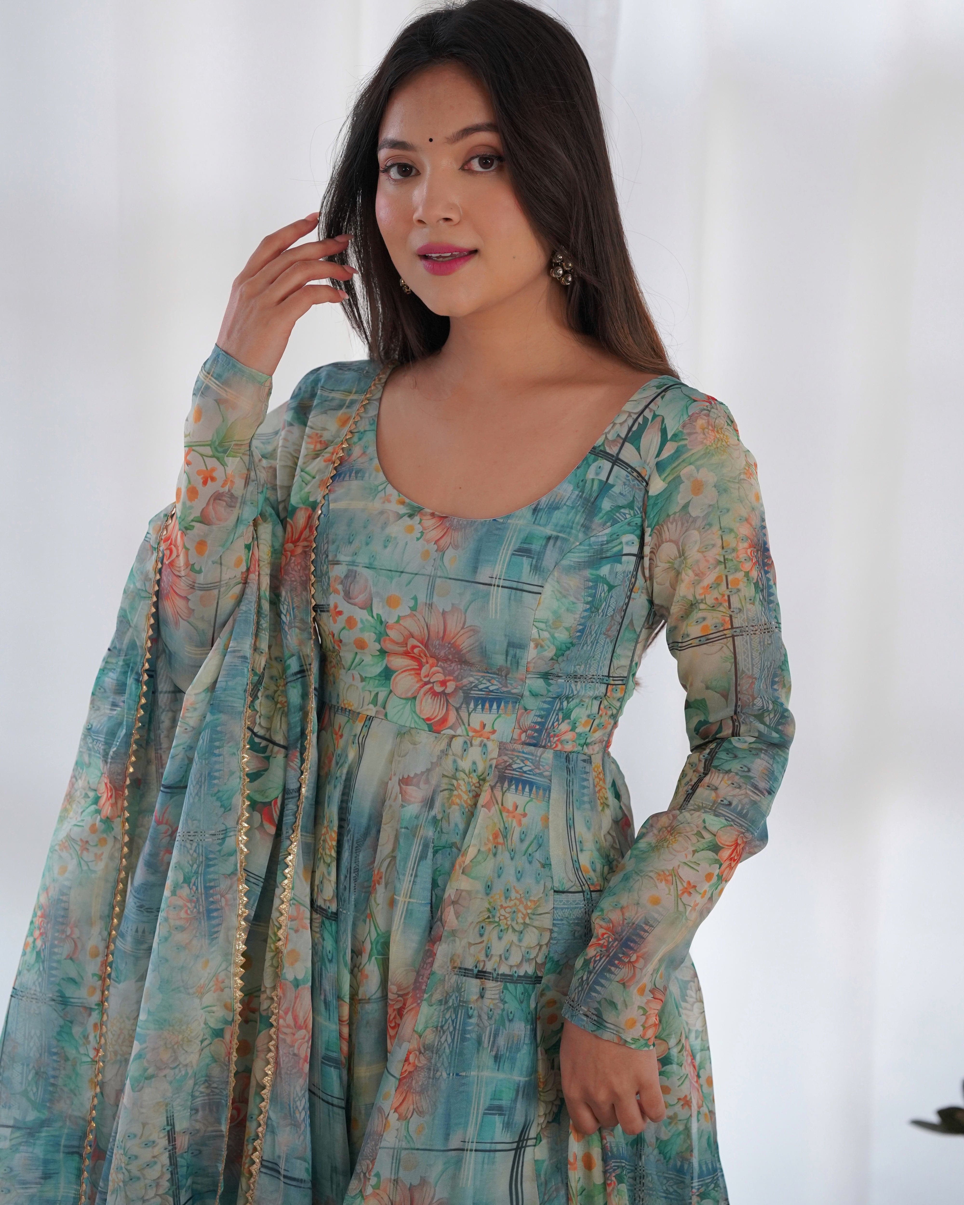 Graceful Organza Silk Intricate Printed Fully Stitched Anarkali Pant Suit