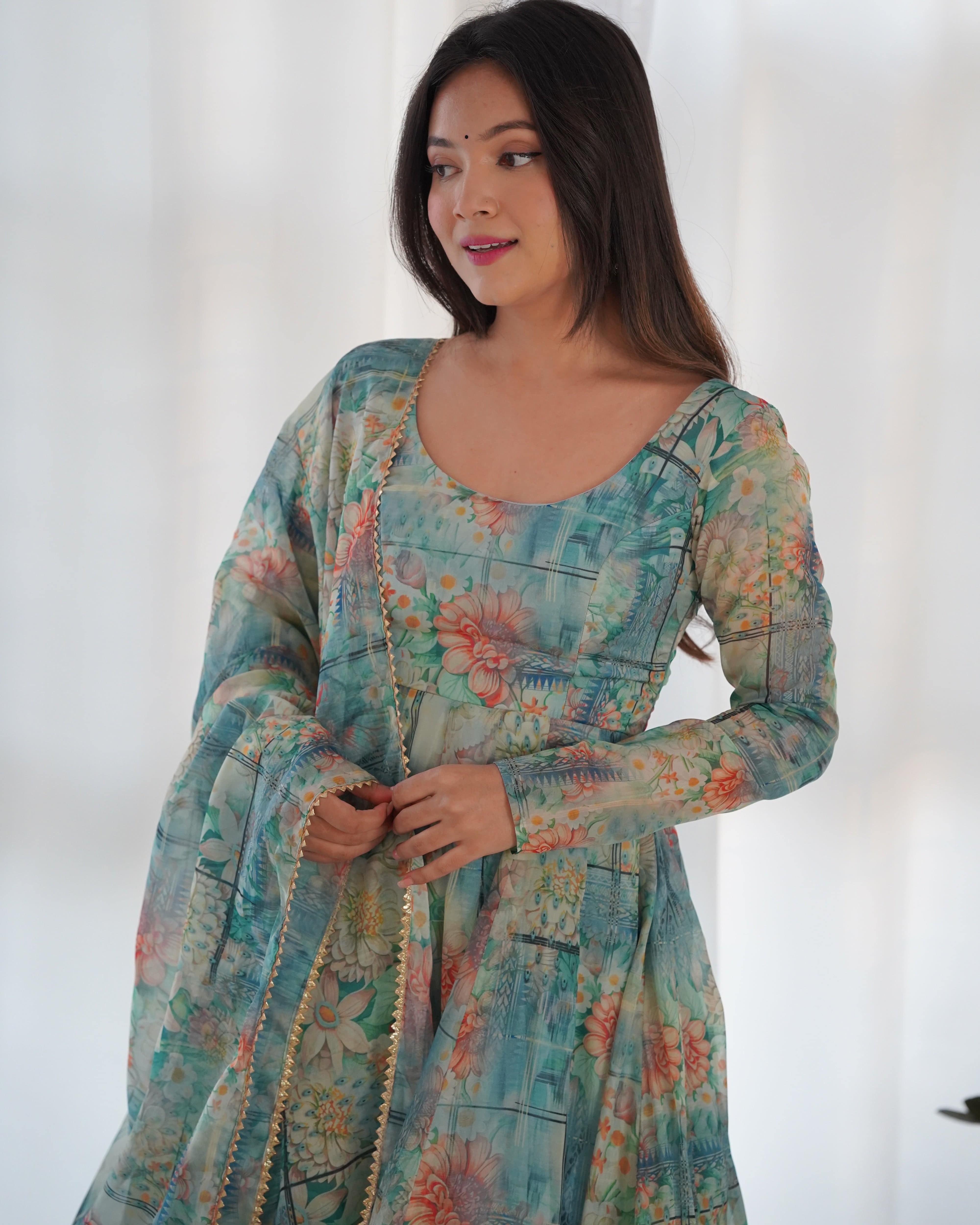 Graceful Organza Silk Intricate Printed Fully Stitched Anarkali Pant Suit