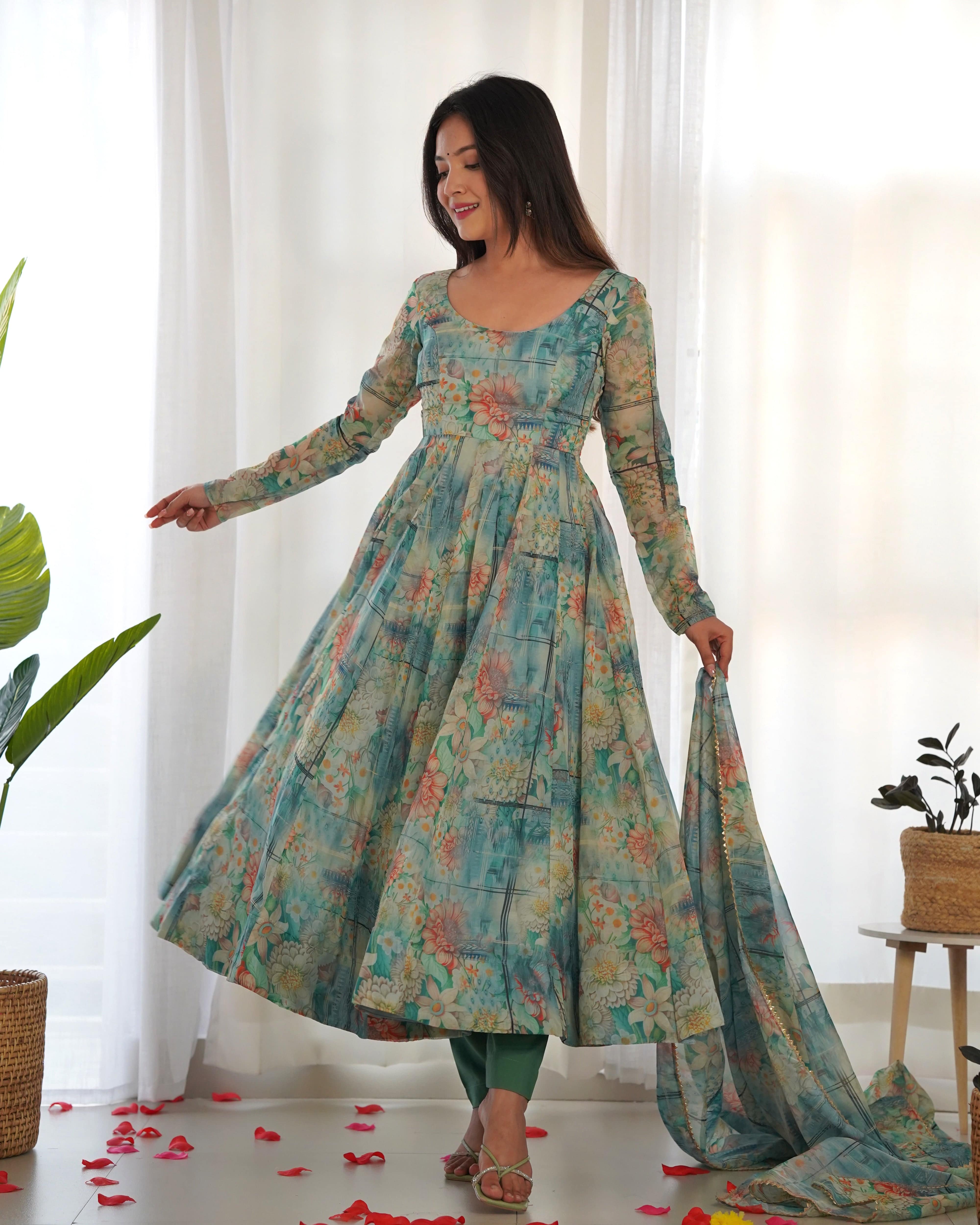 Graceful Organza Silk Intricate Printed Fully Stitched Anarkali Pant Suit