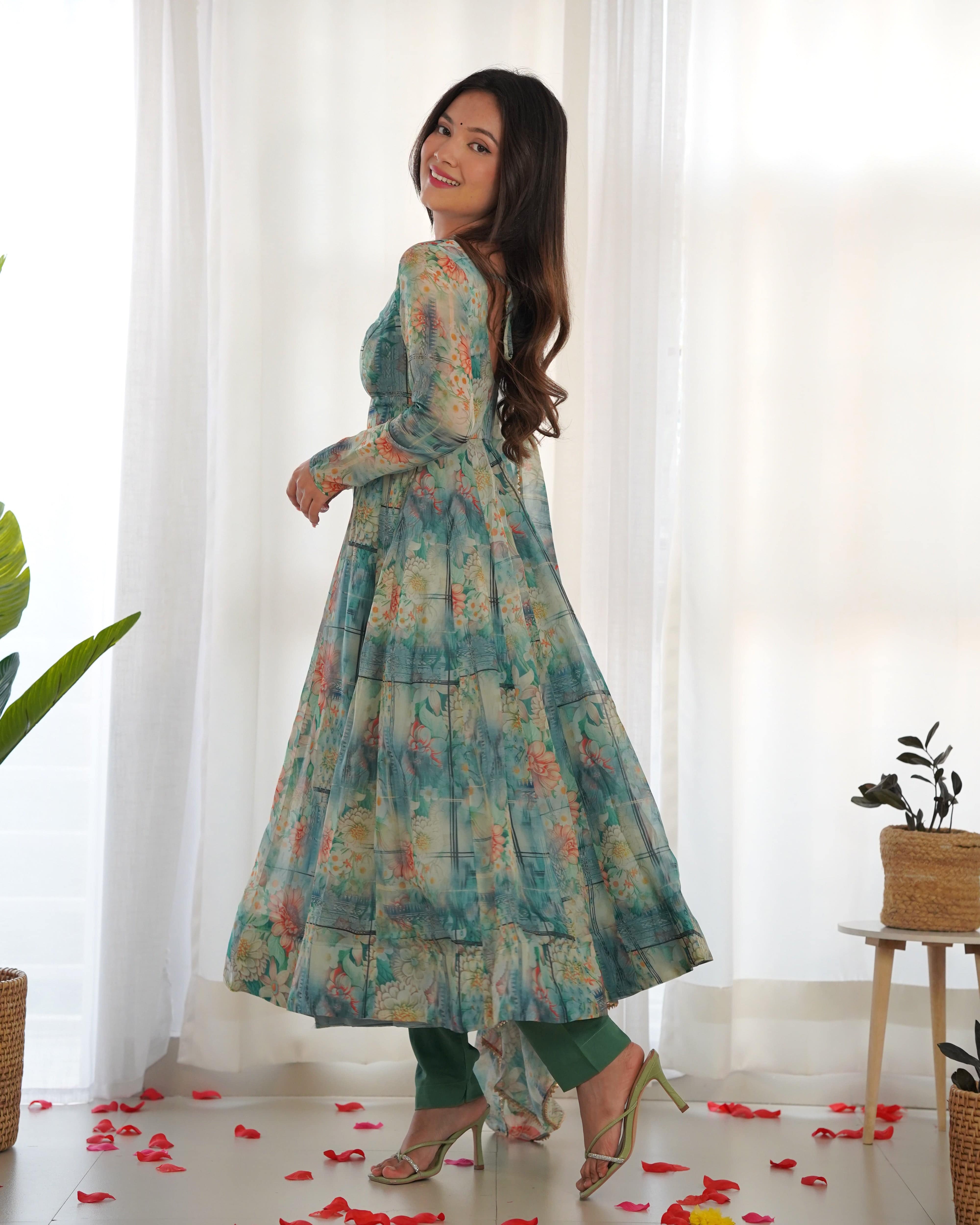 Graceful Organza Silk Intricate Printed Fully Stitched Anarkali Pant Suit