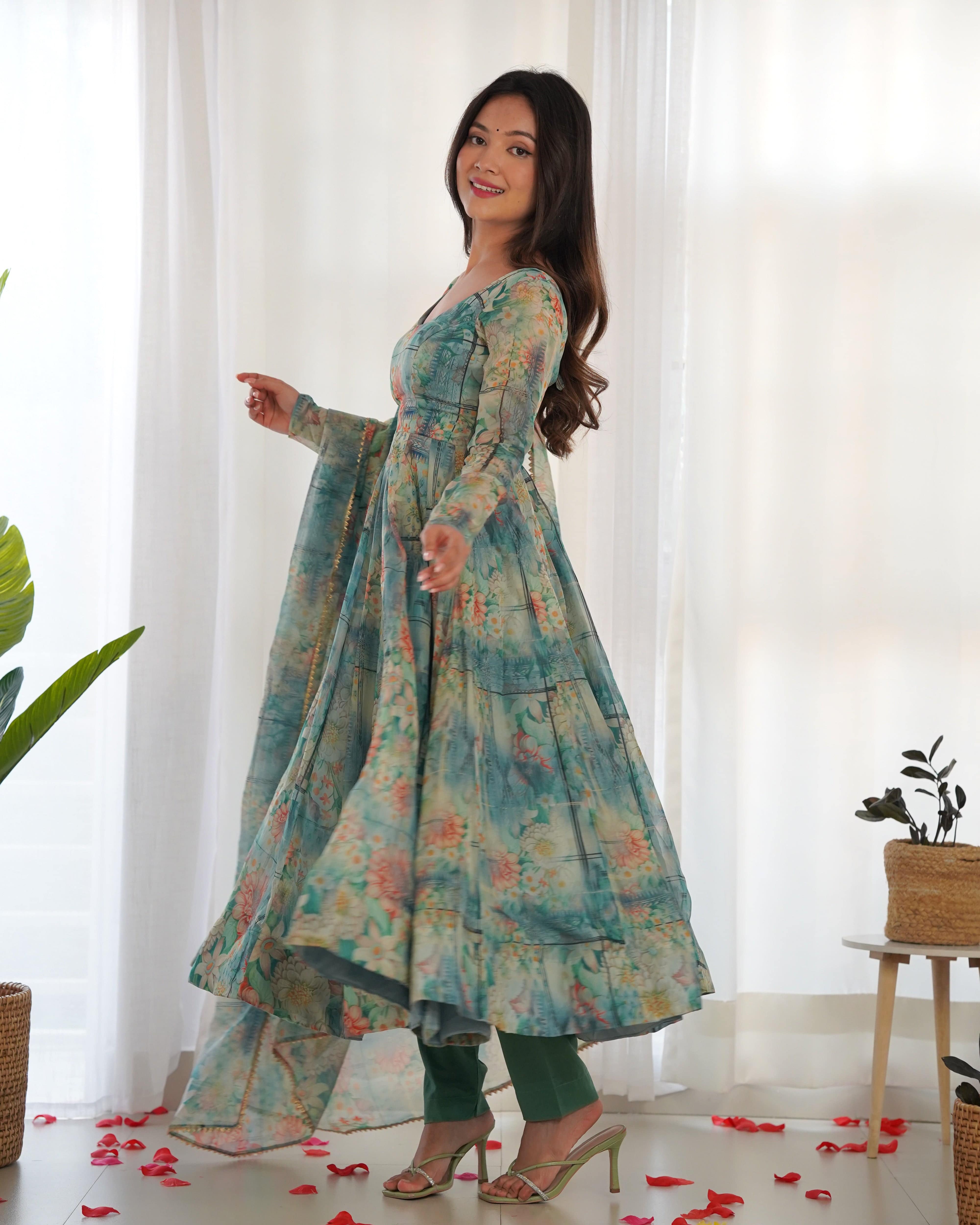 Graceful Organza Silk Intricate Printed Fully Stitched Anarkali Pant Suit