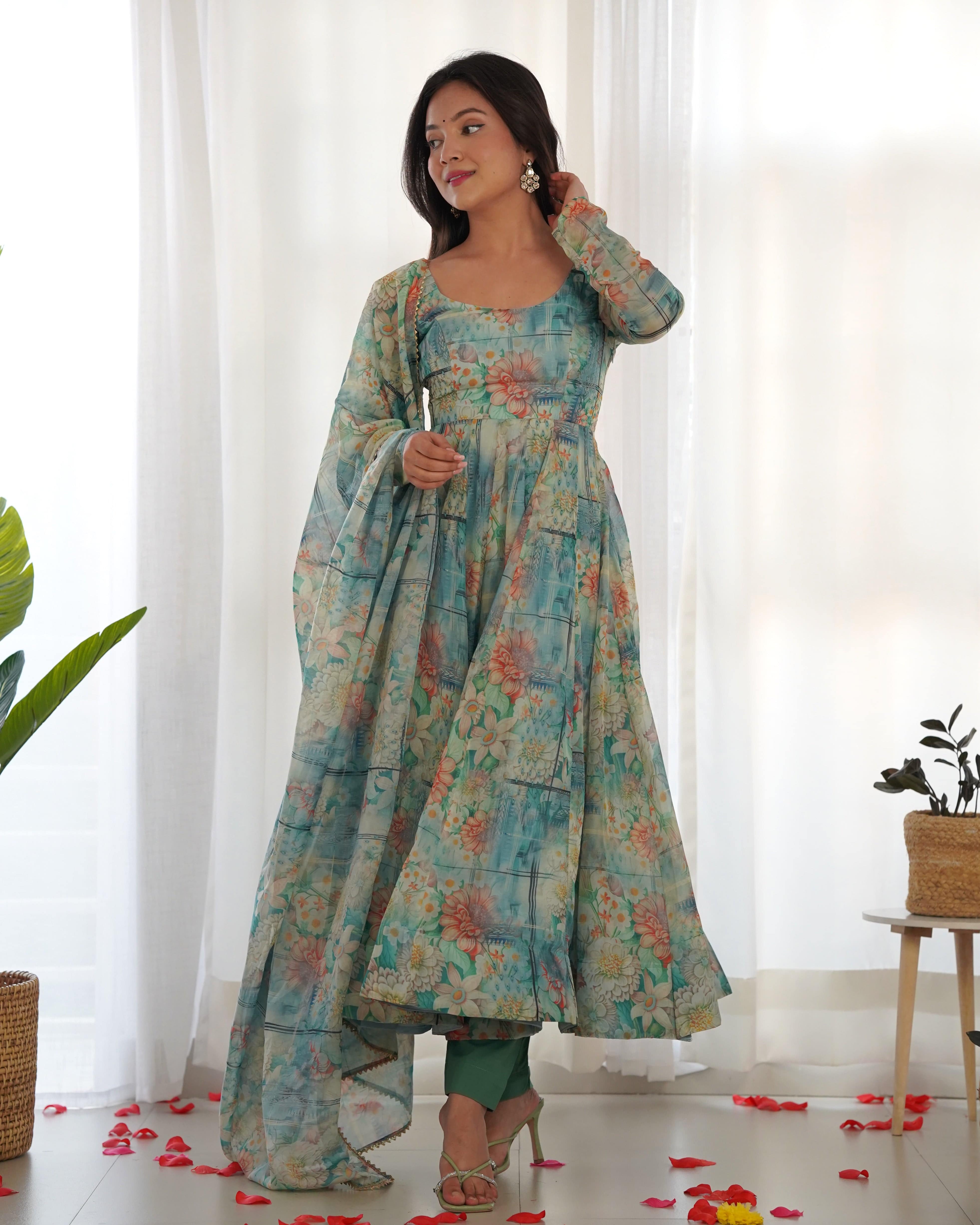 Graceful Organza Silk Intricate Printed Fully Stitched Anarkali Pant Suit