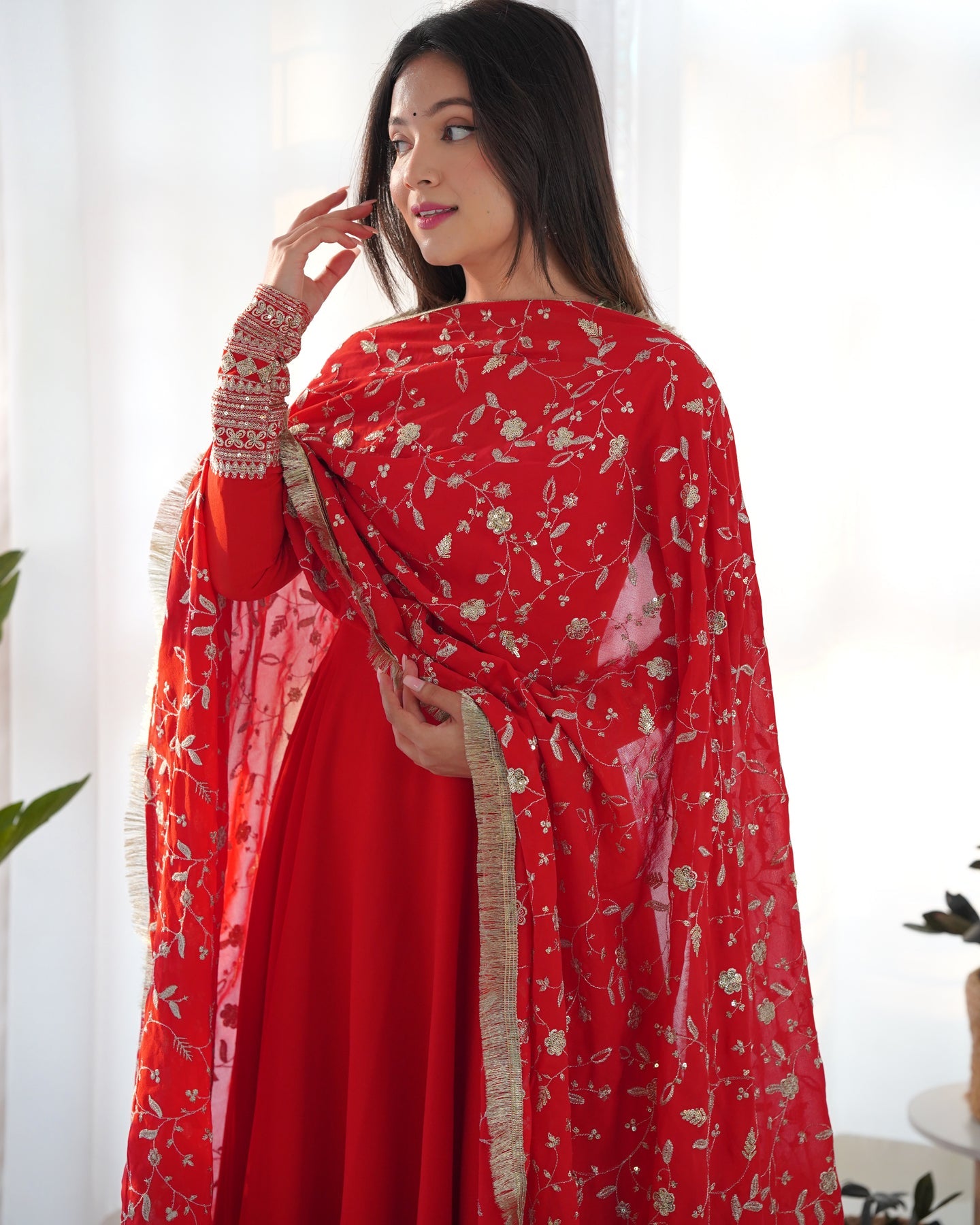 Beautiful Red Color Georgette Gown With Embroidery Sequence