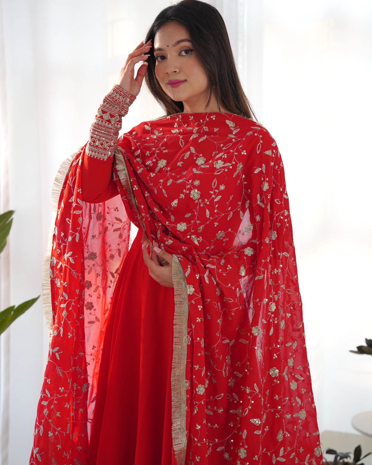 Beautiful Red Color Georgette Gown With Embroidery Sequence