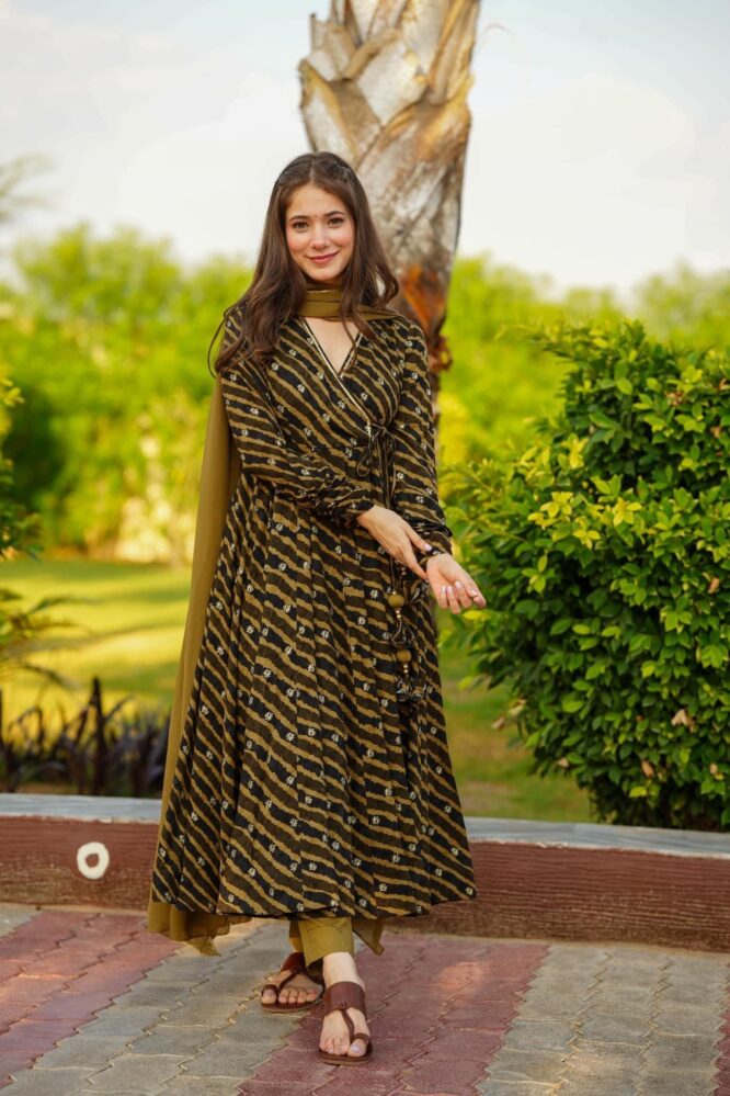 Mehendi Green Rayon Anarkali Suit Set