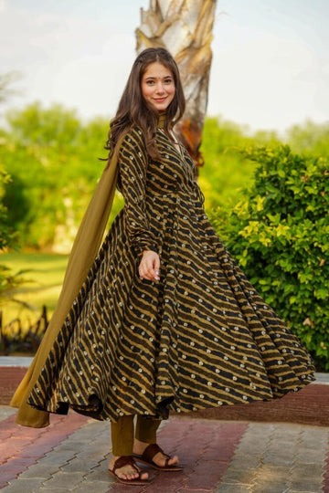 Mehendi Green Rayon Anarkali Suit Set