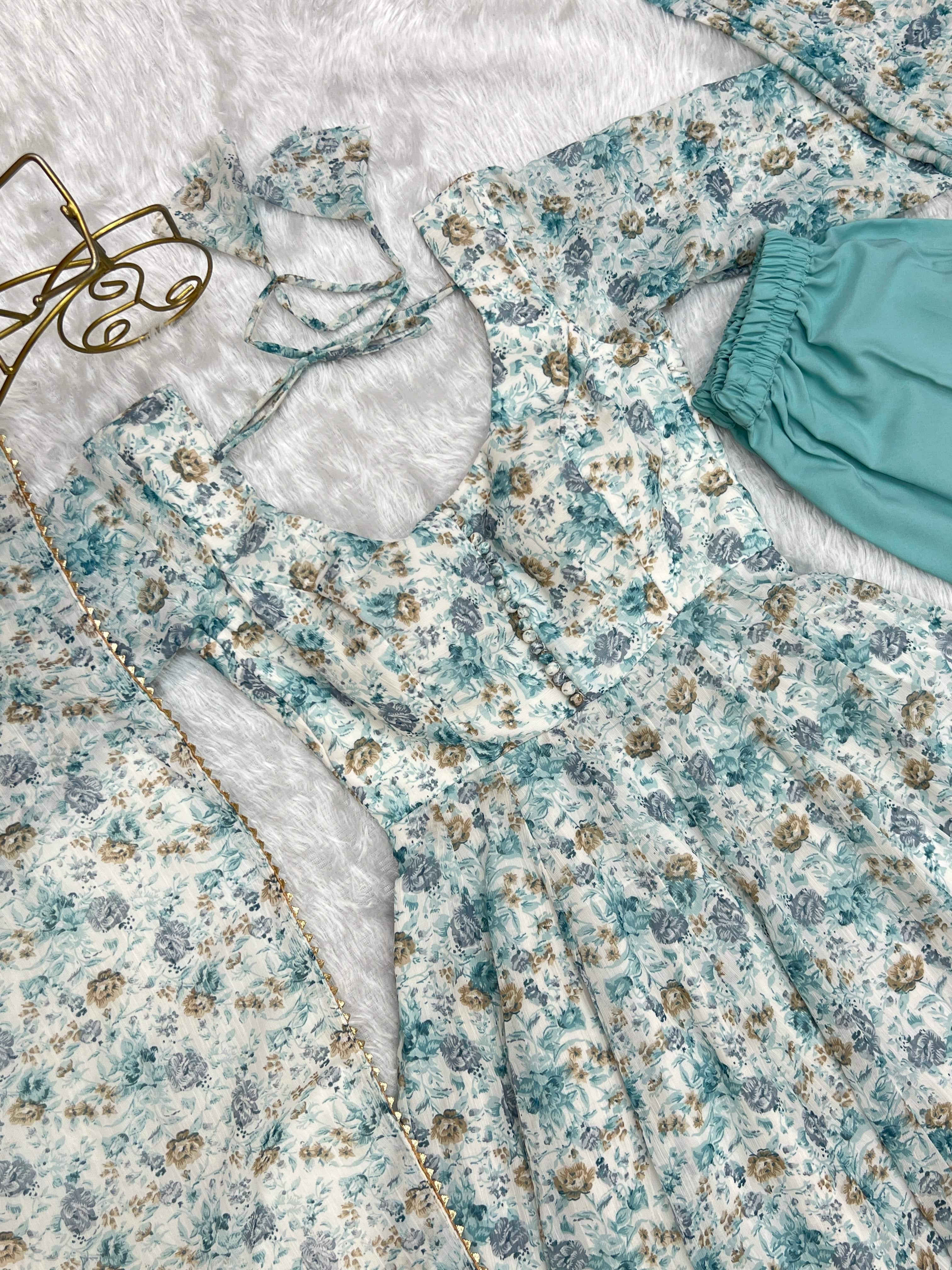 Exquisite Chiffon Floral Digital Printed Fully Stitched Anarkali Pant Suit