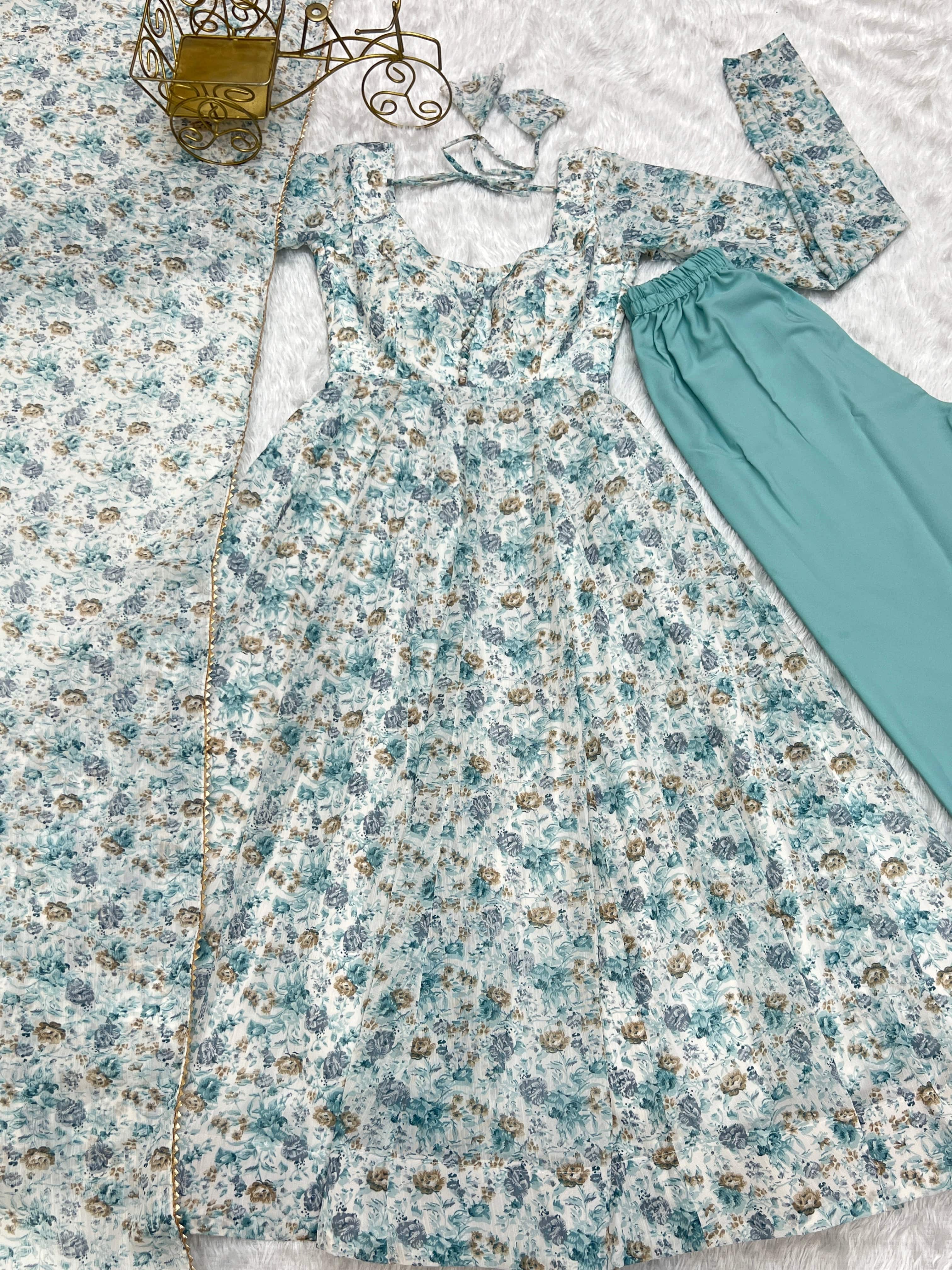 Exquisite Chiffon Floral Digital Printed Fully Stitched Anarkali Pant Suit