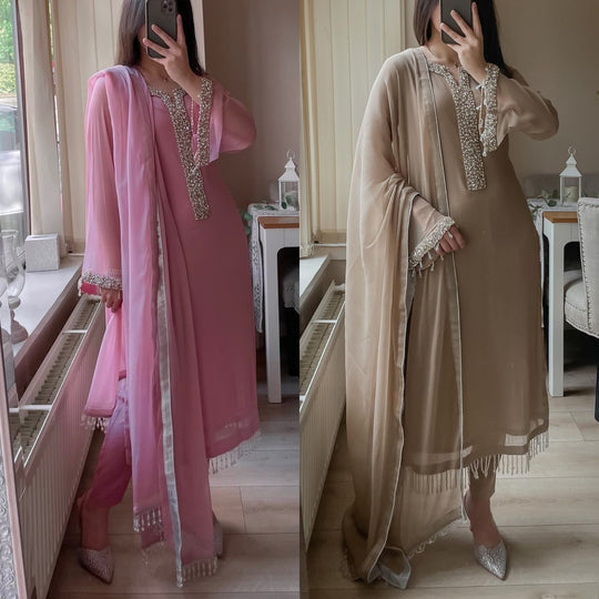 Premium Fox Georgette Straight Suit Set with Real Moti Handwork Dupatta