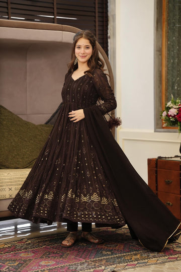 Brown Embroidered Georgette Anarkali Suit Set