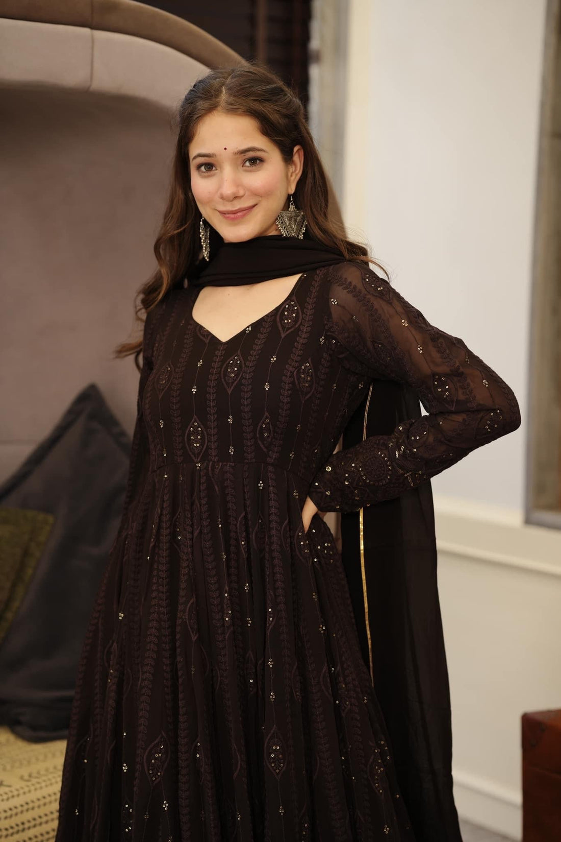 Brown Embroidered Georgette Anarkali Suit Set