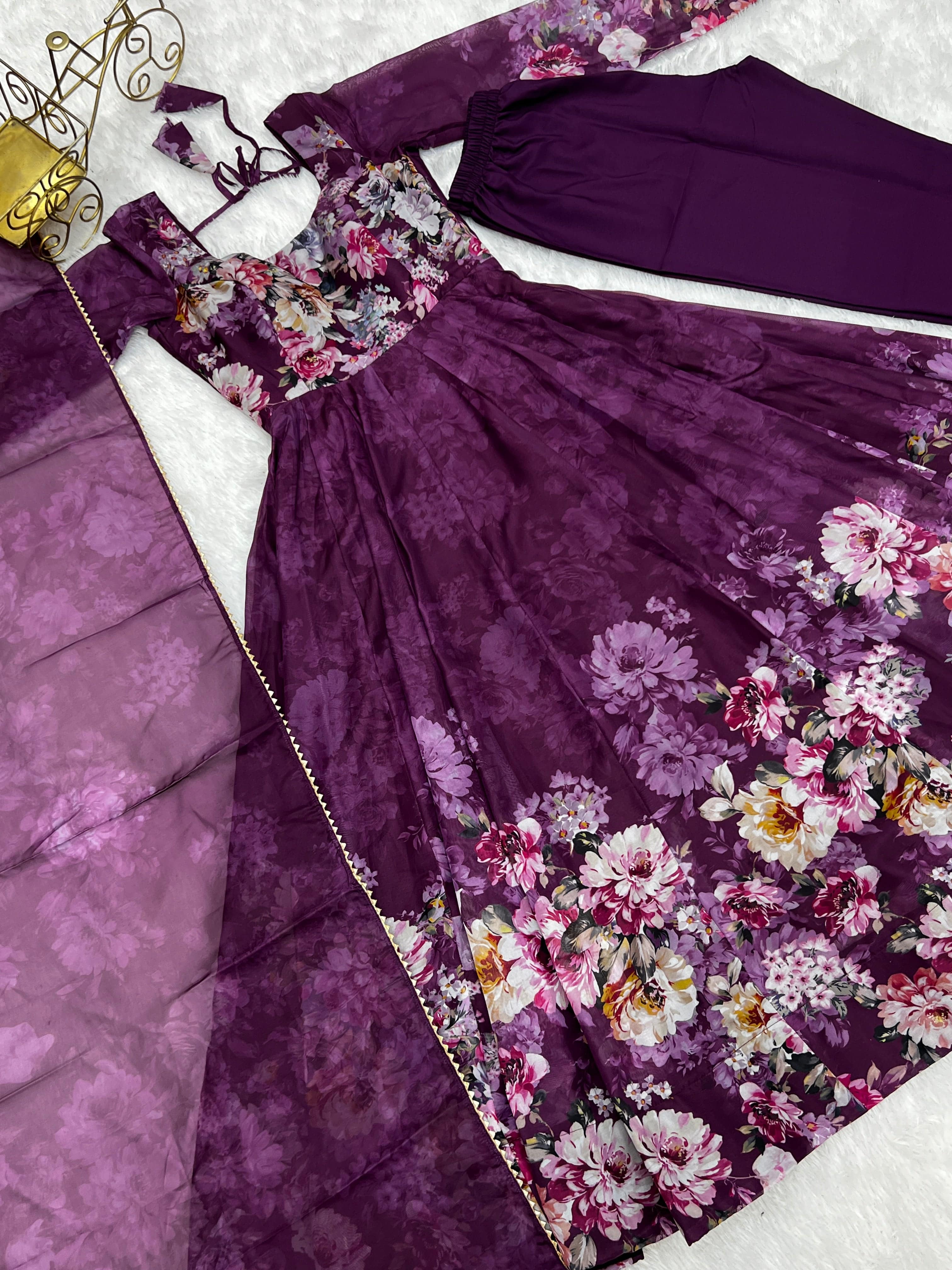 Lovely Organza Silk Floral Digital Printed Anarkali Pant Suit