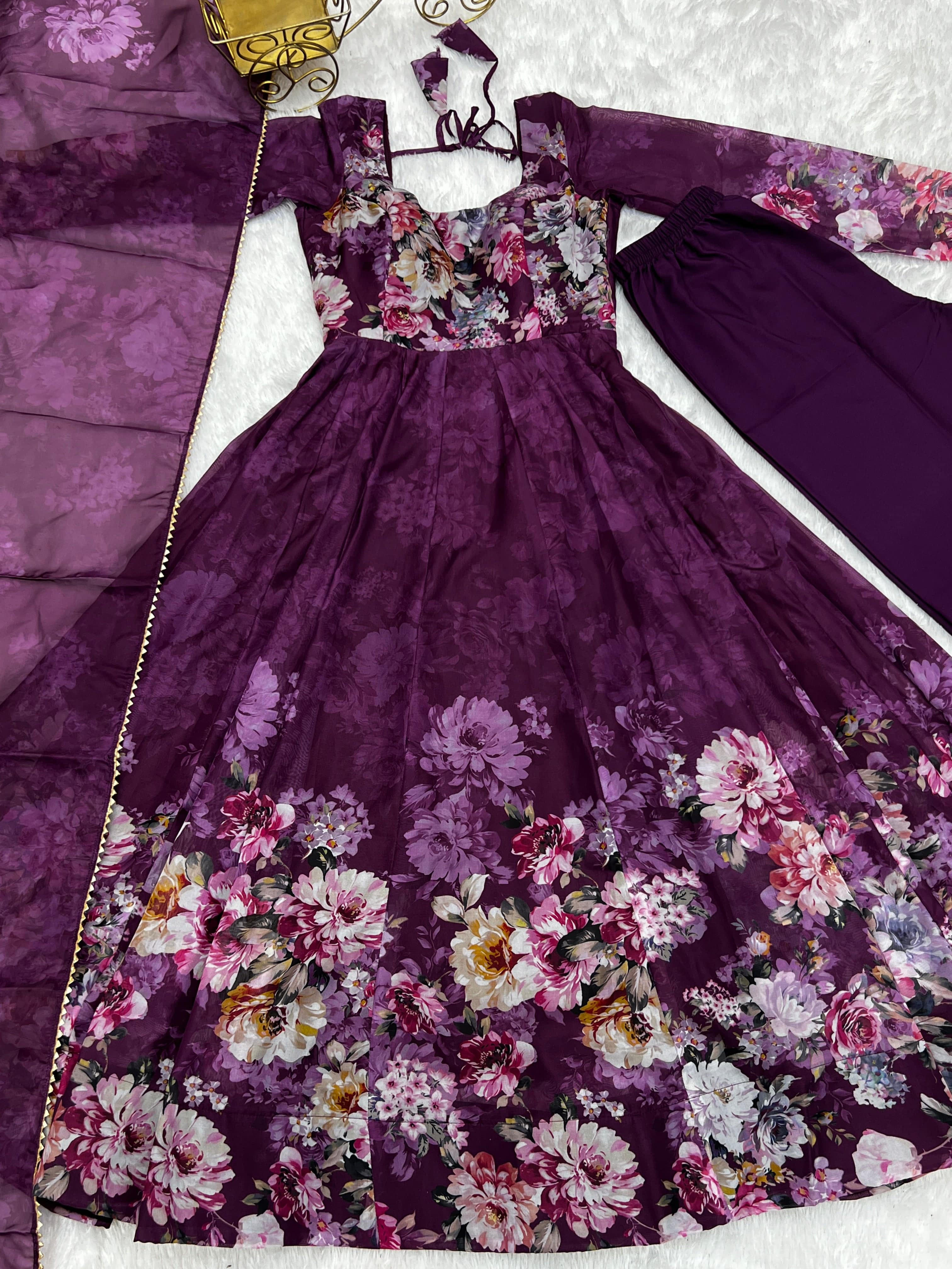 Lovely Organza Silk Floral Digital Printed Anarkali Pant Suit