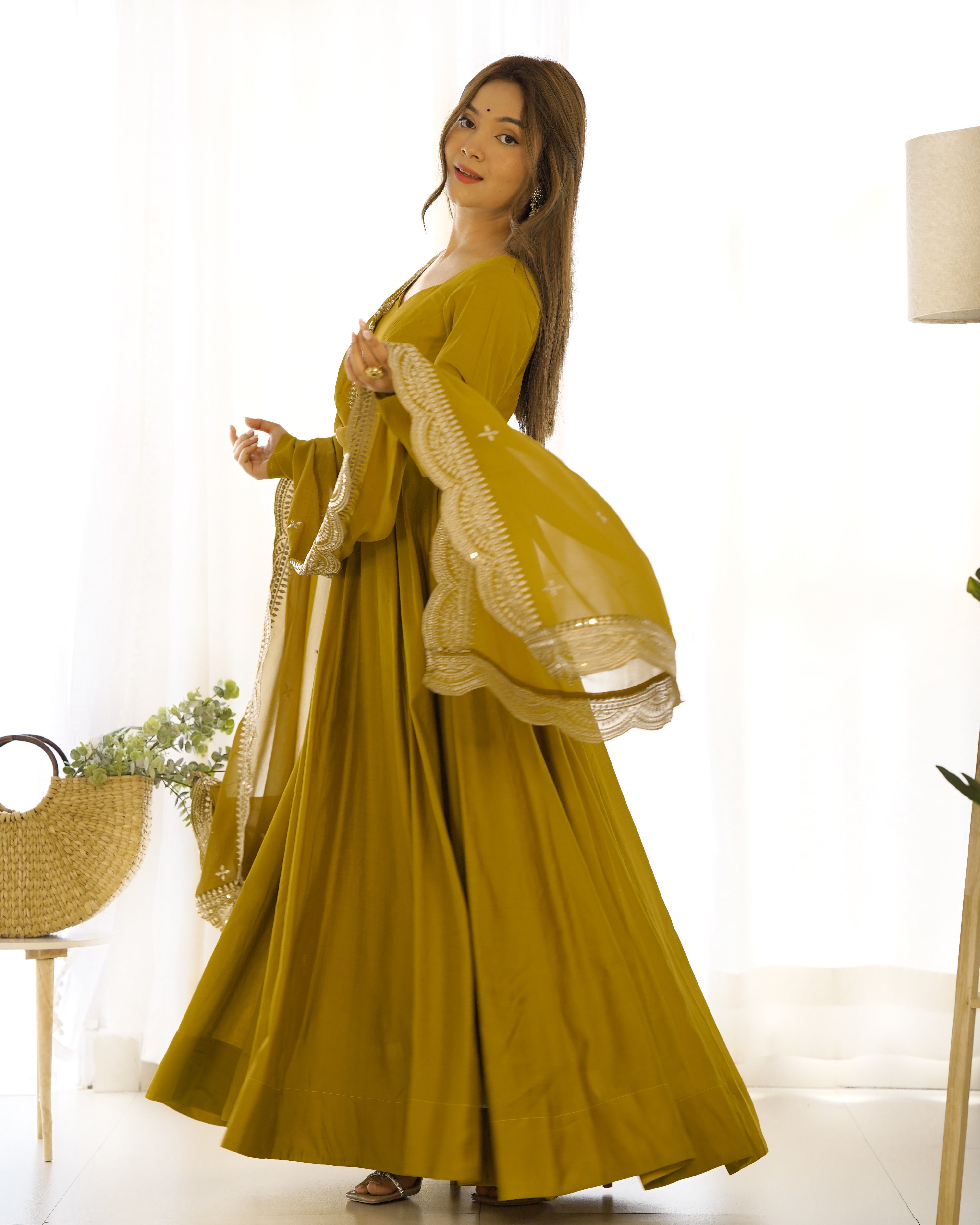 Exquisite Pure Romansilk Chanderi Designer Anarkali Pant Suit